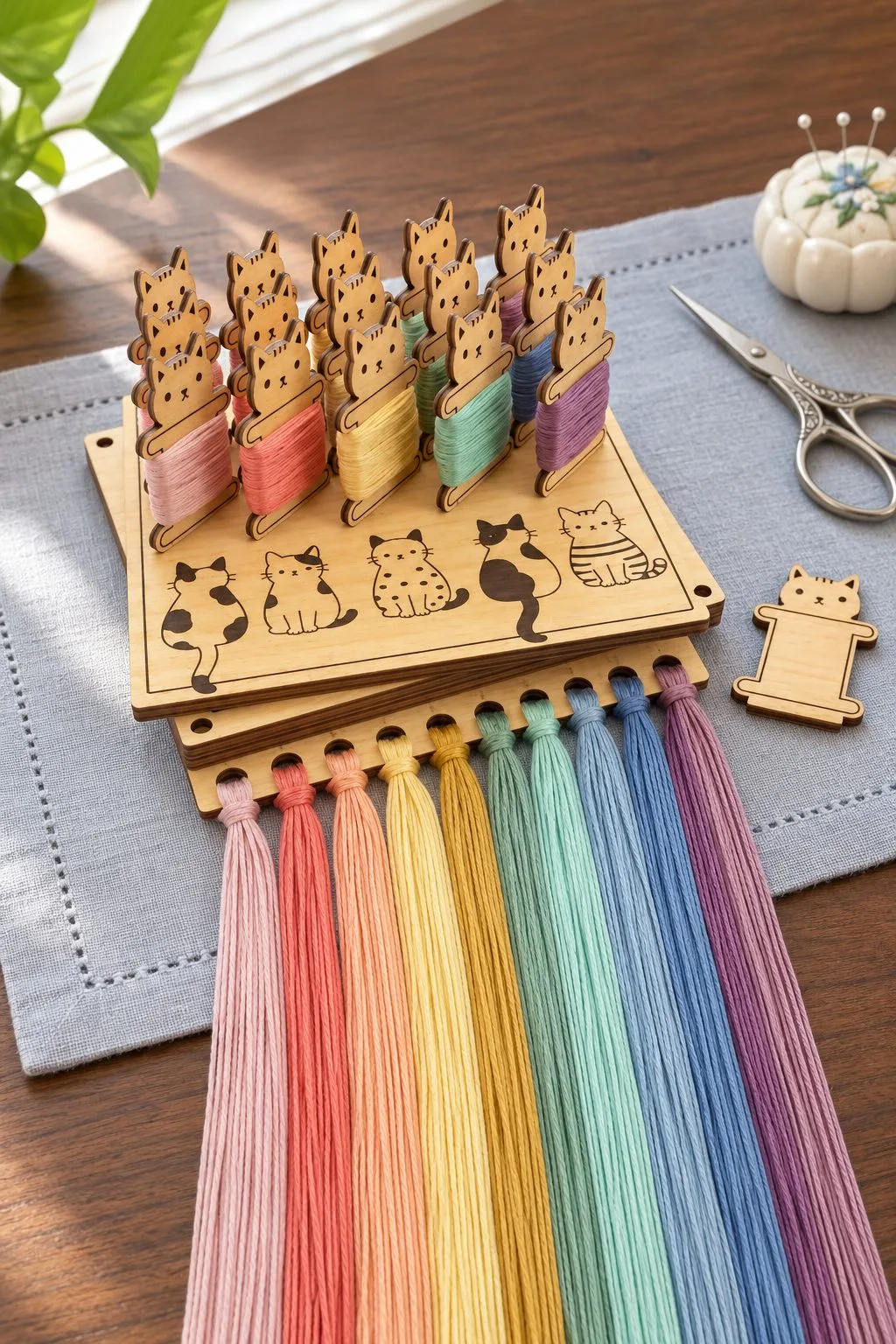 A laser cut wooden floss organizer with cat-shaped bobbins standing in rows and rainbow floss hanging from holes along the edge, free laser cut SVG from svgdiy.com