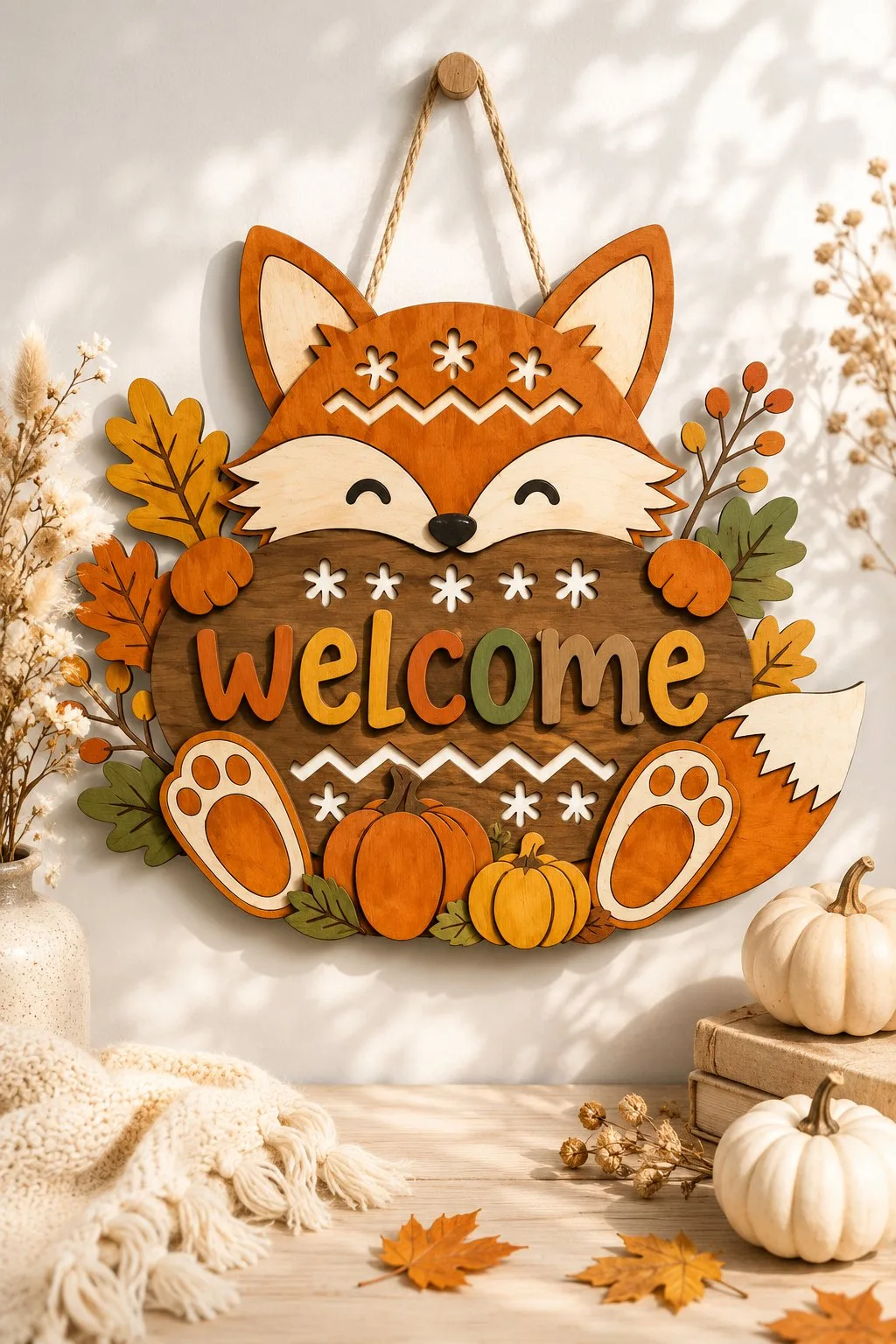 Fox Welcome Door Hanger for Autumn — SVG laser cut file