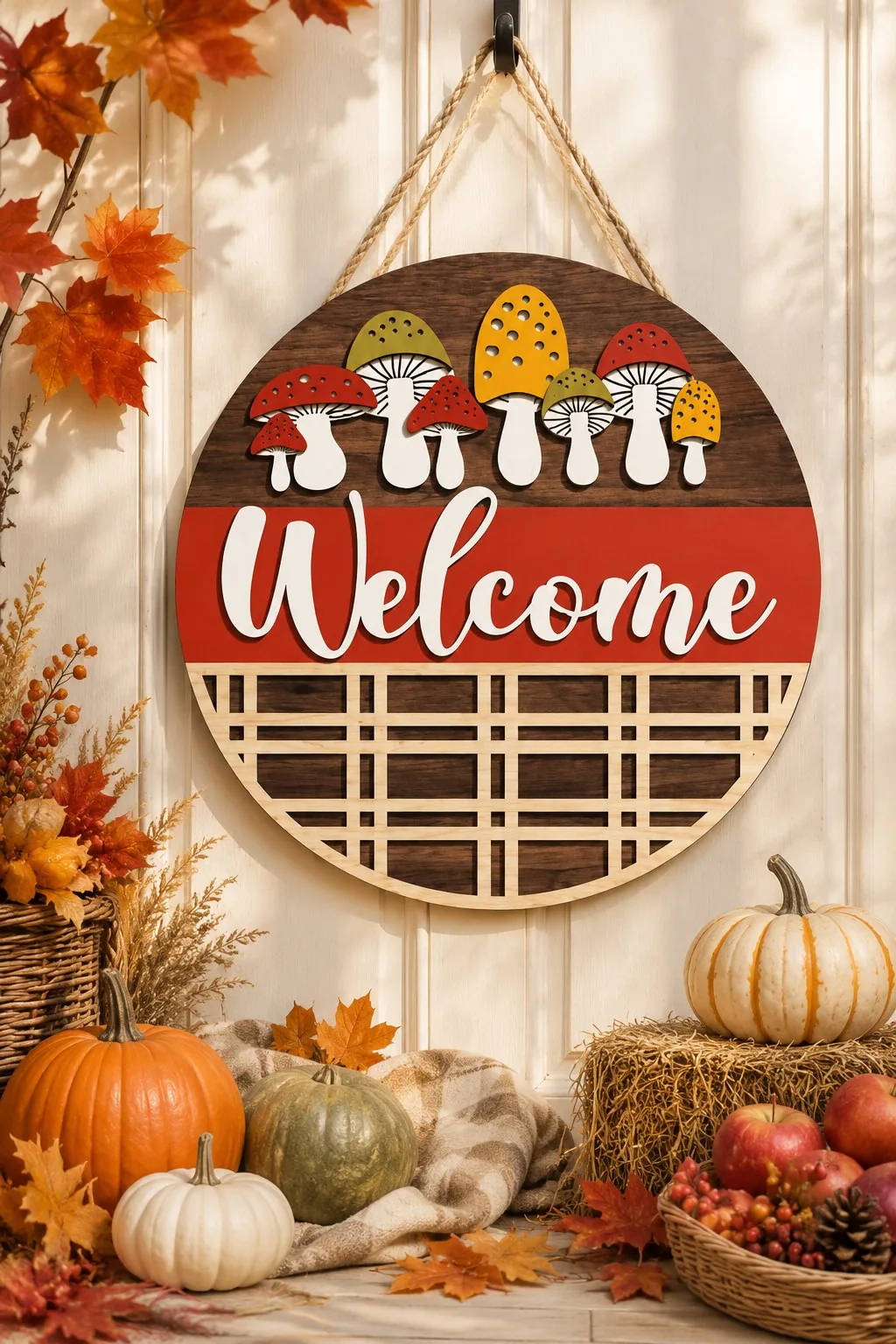 Round layered Welcome door sign with a row of red, yellow and white toadstools and a pale lattice at the bottom, free laser cut SVG from svgdiy.com