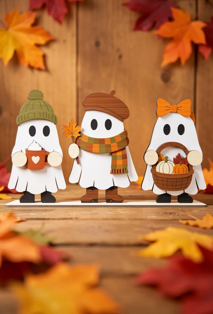 Three standing fall ghosts with a mug, a scarf and a basket of pumpkins, ghost laser cut SVG bundle from svgdiy.com
