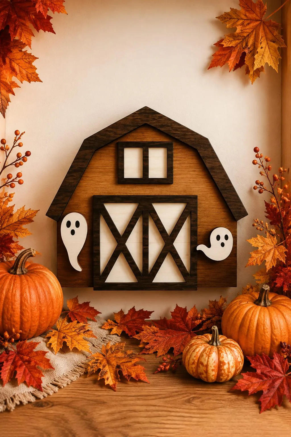 Layered wooden barn with two ghosts peeking out from behind it, ghost laser cut SVG from svgdiy.com