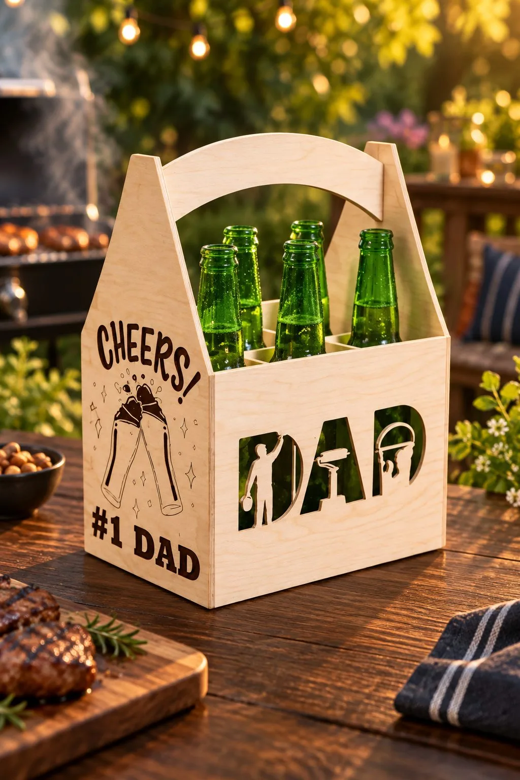 Laser cut beer caddy with Cheers and #1 Dad engraved on the end and DAD cut through the side, full of green bottles on an outdoor table with grilled steak, free download link at svgdiy.com