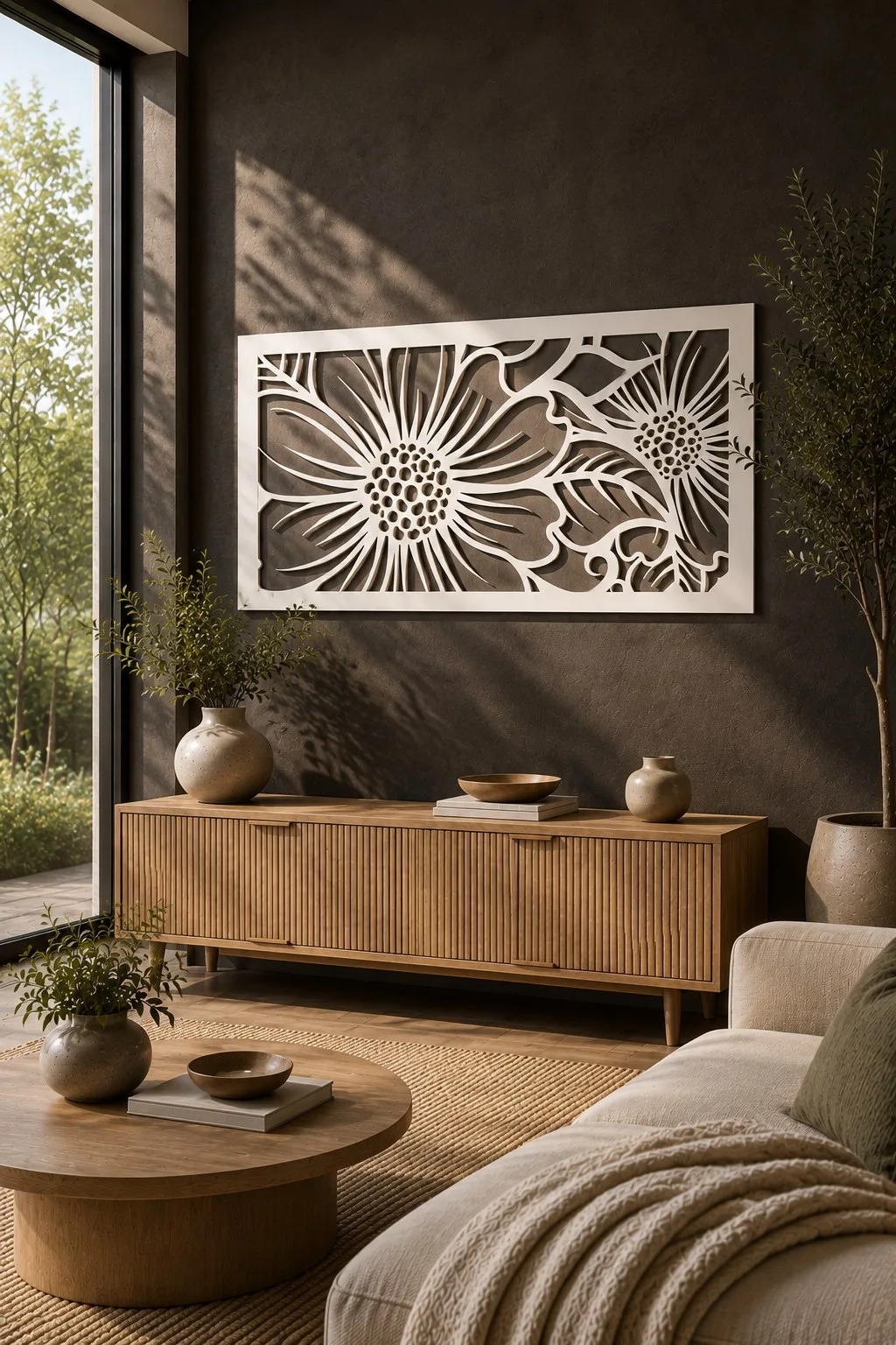 White fretwork floral panel with large cut through daisies hanging on a dark wall above a slatted sideboard, free laser cut SVG from svgdiy.com