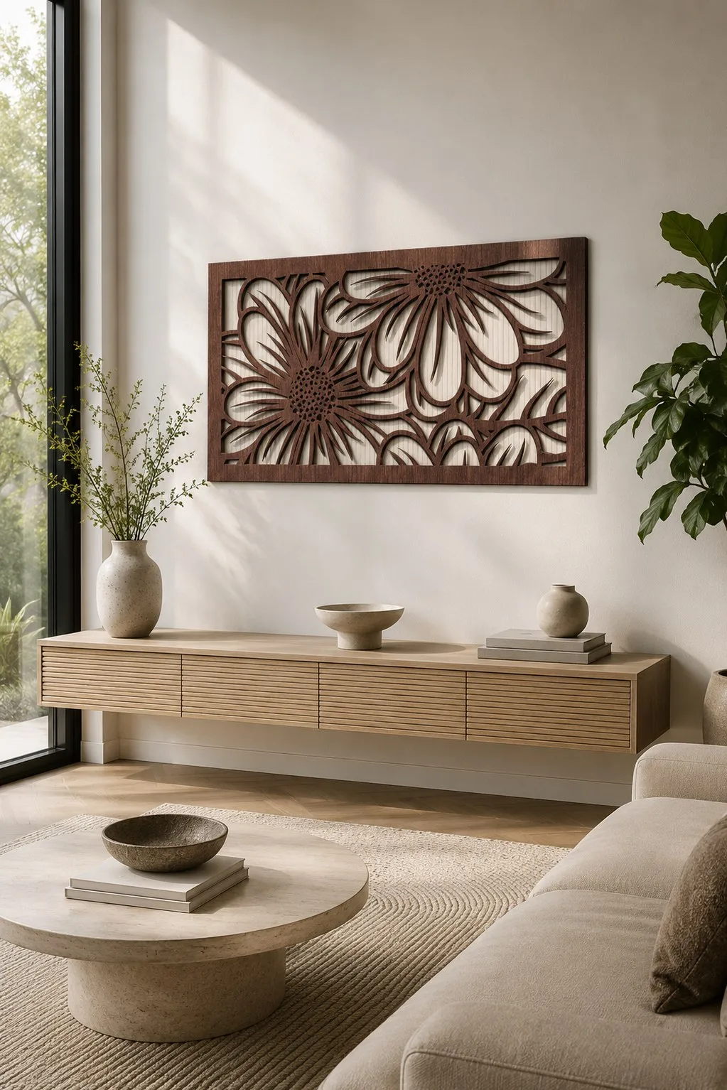 Dark walnut fretwork floral panel with large cut through daisies on a pale wall above a floating sideboard, free laser cut SVG from svgdiy.com
