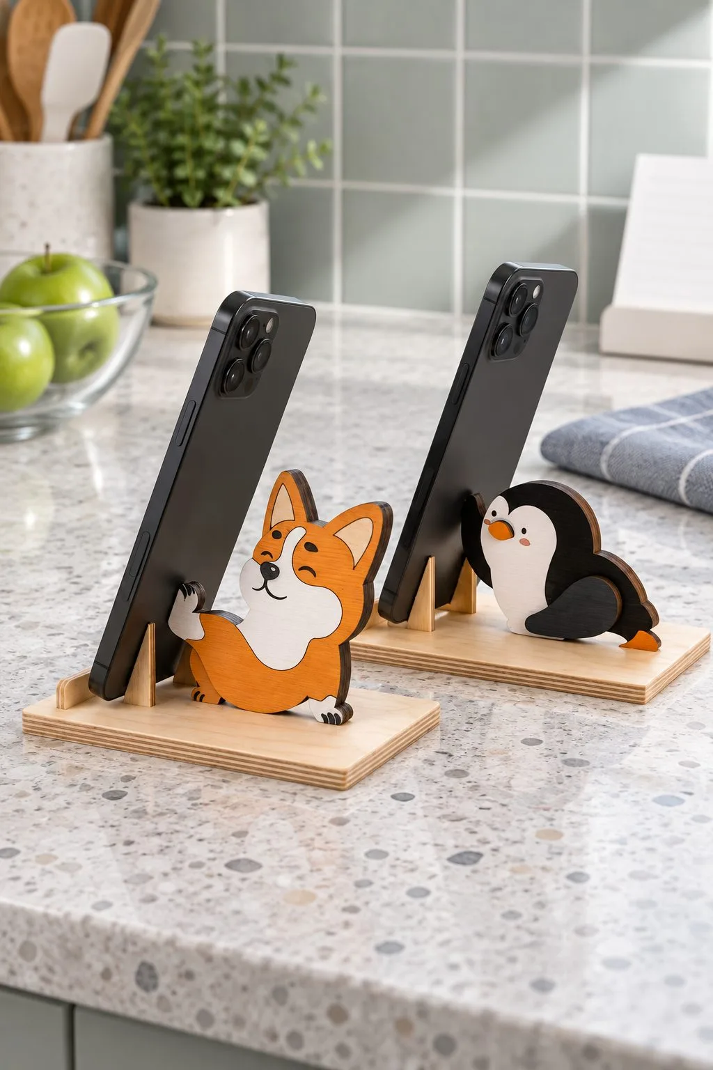 Laser cut phone holders shaped like a corgi and a penguin on a kitchen counter, free laser cut SVG from svgdiy.com