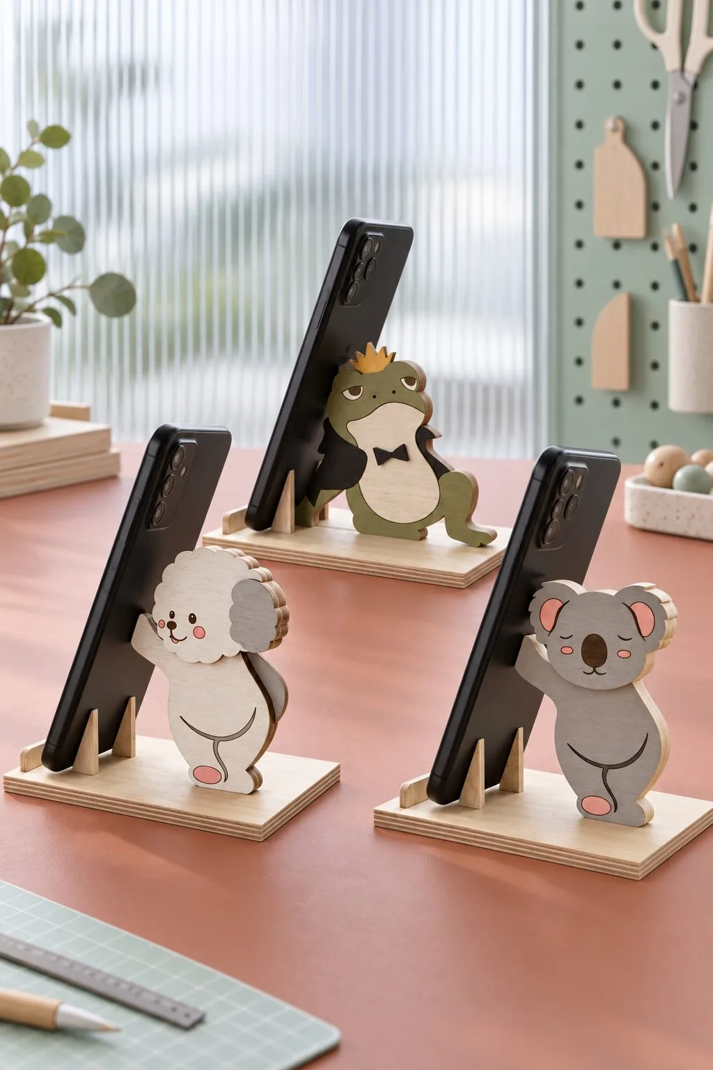Laser cut phone holders shaped like a lamb, a frog and a koala in a craft studio, free laser cut SVG from svgdiy.com