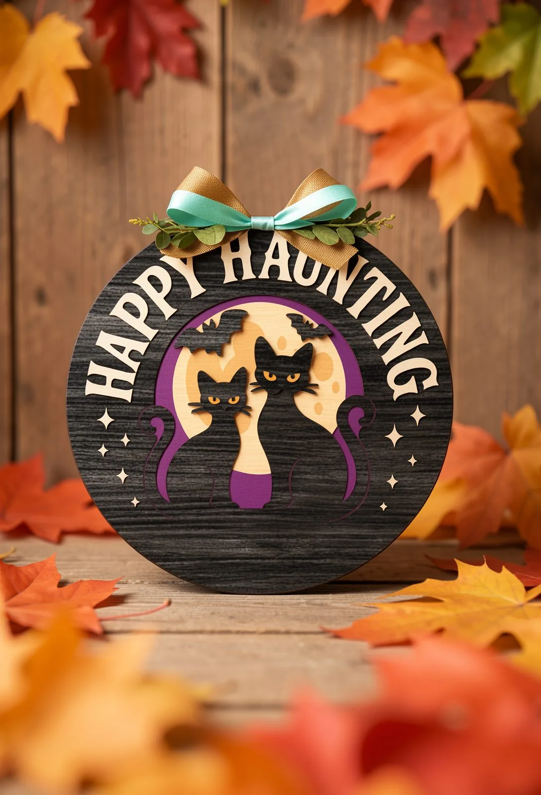 Happy Haunting Two Cats Sign — SVG laser cut file