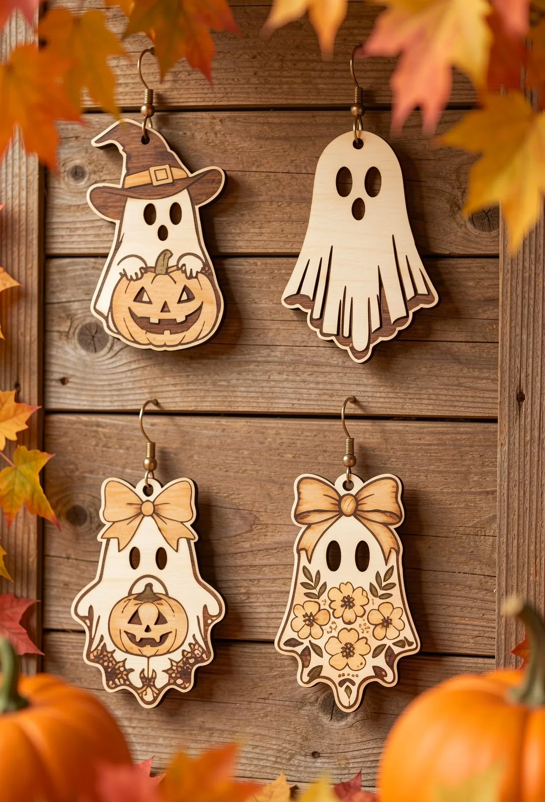 Four wooden ghost earrings on a fence: witch hat ghost, plain ghost, bow ghost with pumpkin and floral ghost, laser cut earring SVG from svgdiy.com