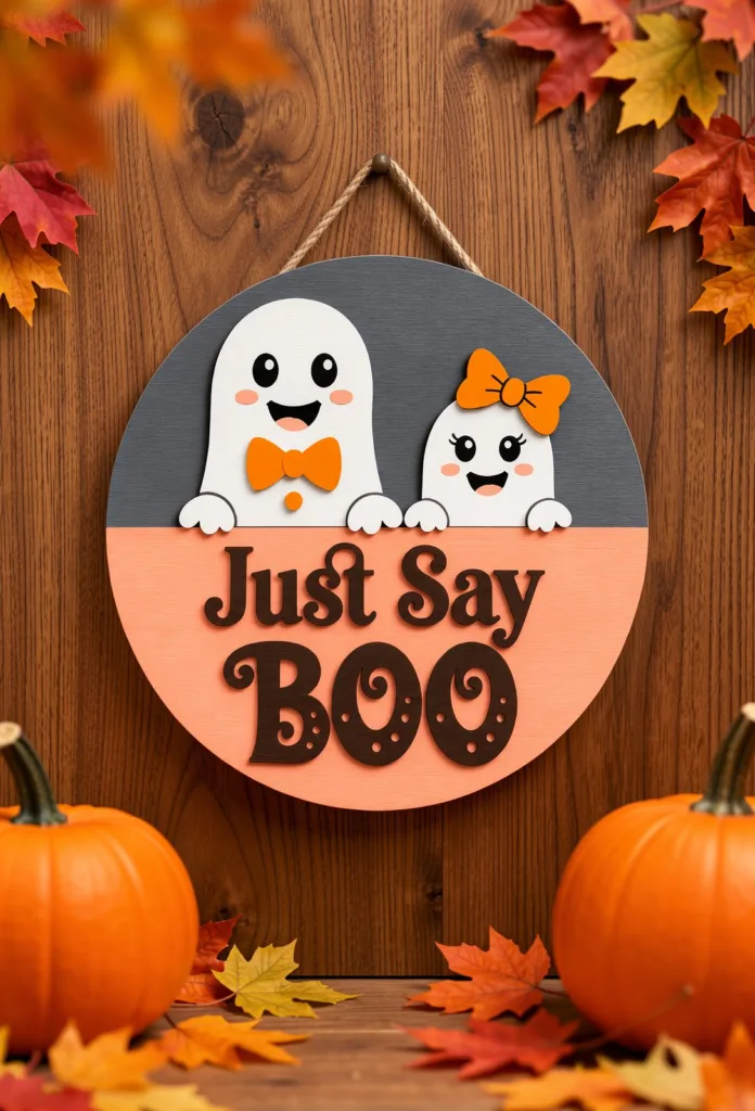 Round Just Say Boo door hanger with two ghosts peeking over the lower half, ghost laser cut SVG from svgdiy.com