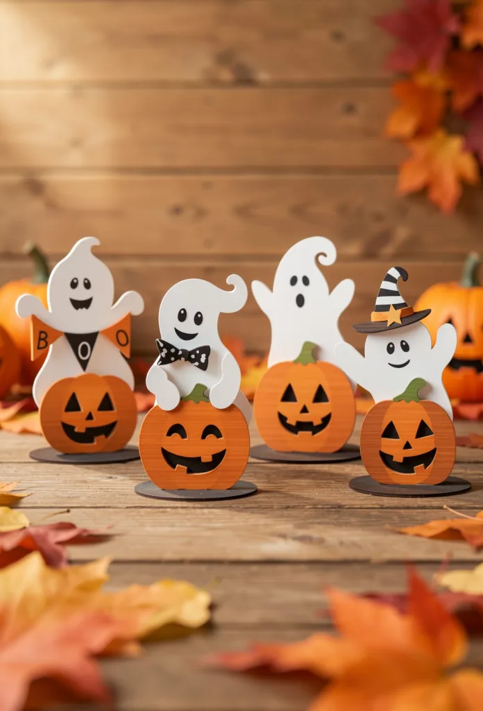Standing set of ghosts above jack o lantern pumpkins, ghost laser cut SVG bundle from svgdiy.com