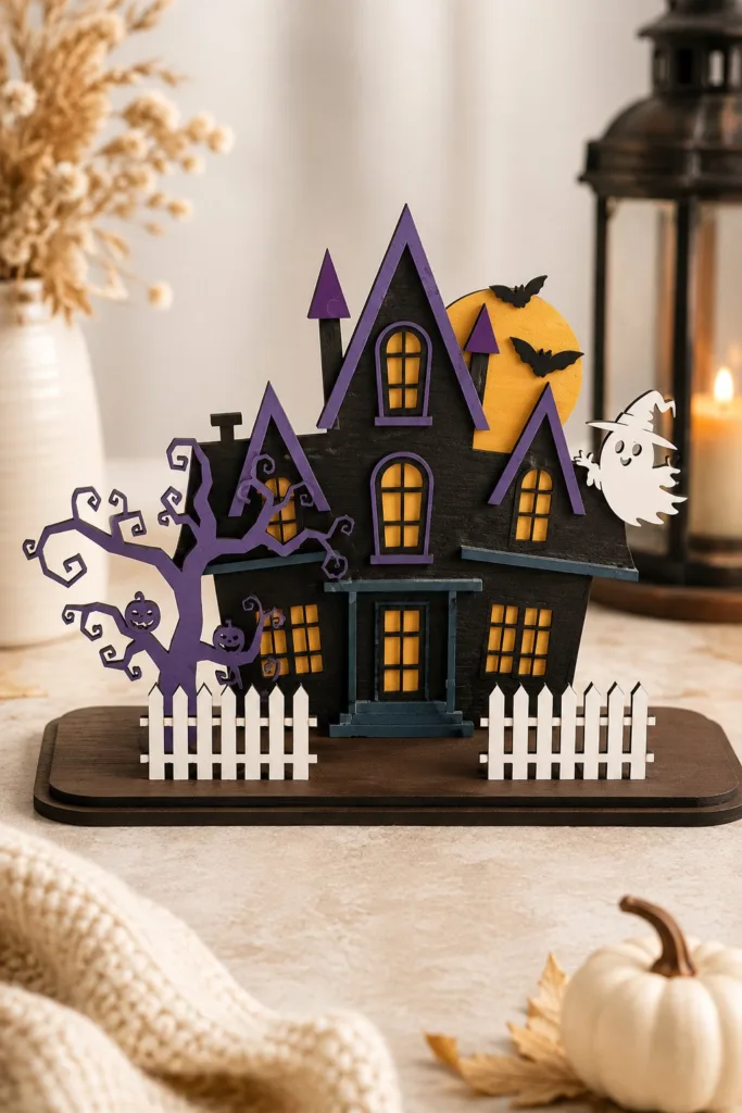 Black and purple haunted house shelf piece with a bare pumpkin tree, a white ghost cutout and bats crossing a glowing moon, behind its own picket fence, free laser cut SVG from svgdiy.com