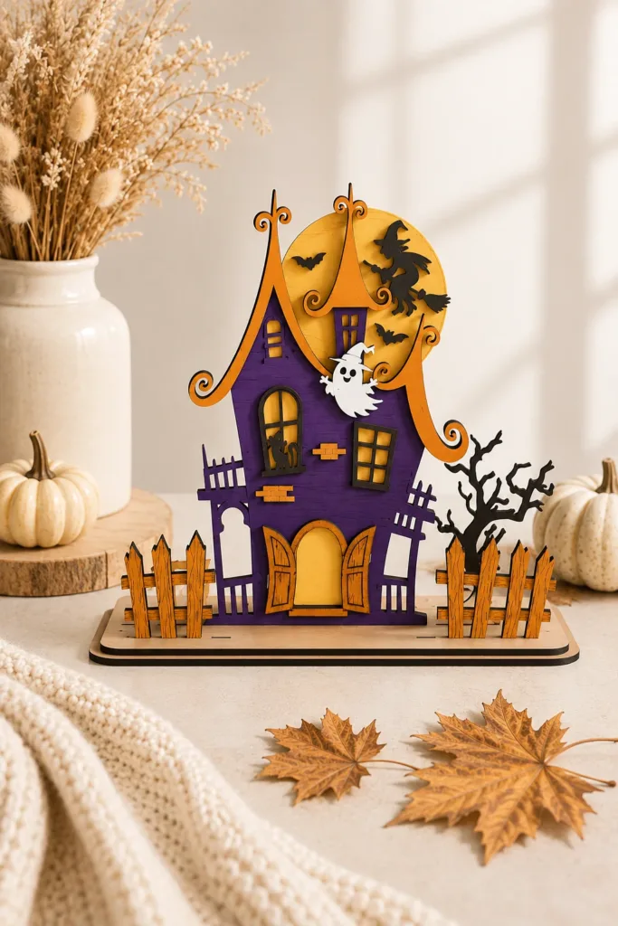 Purple and orange haunted house shelf piece with a witch on a broom and a ghost cutout in front of a harvest moon, standing behind a wooden picket fence, free laser cut SVG from svgdiy.com