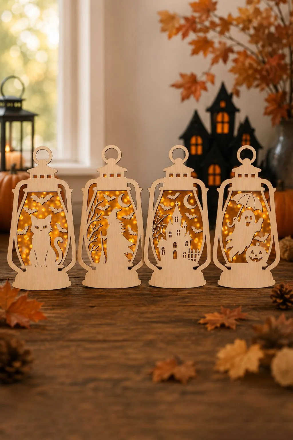 Four flat wooden lantern panels with a cat, a witch, a haunted house and a ghost, lit from behind by fairy lights, free laser cut lantern SVG from svgdiy.com