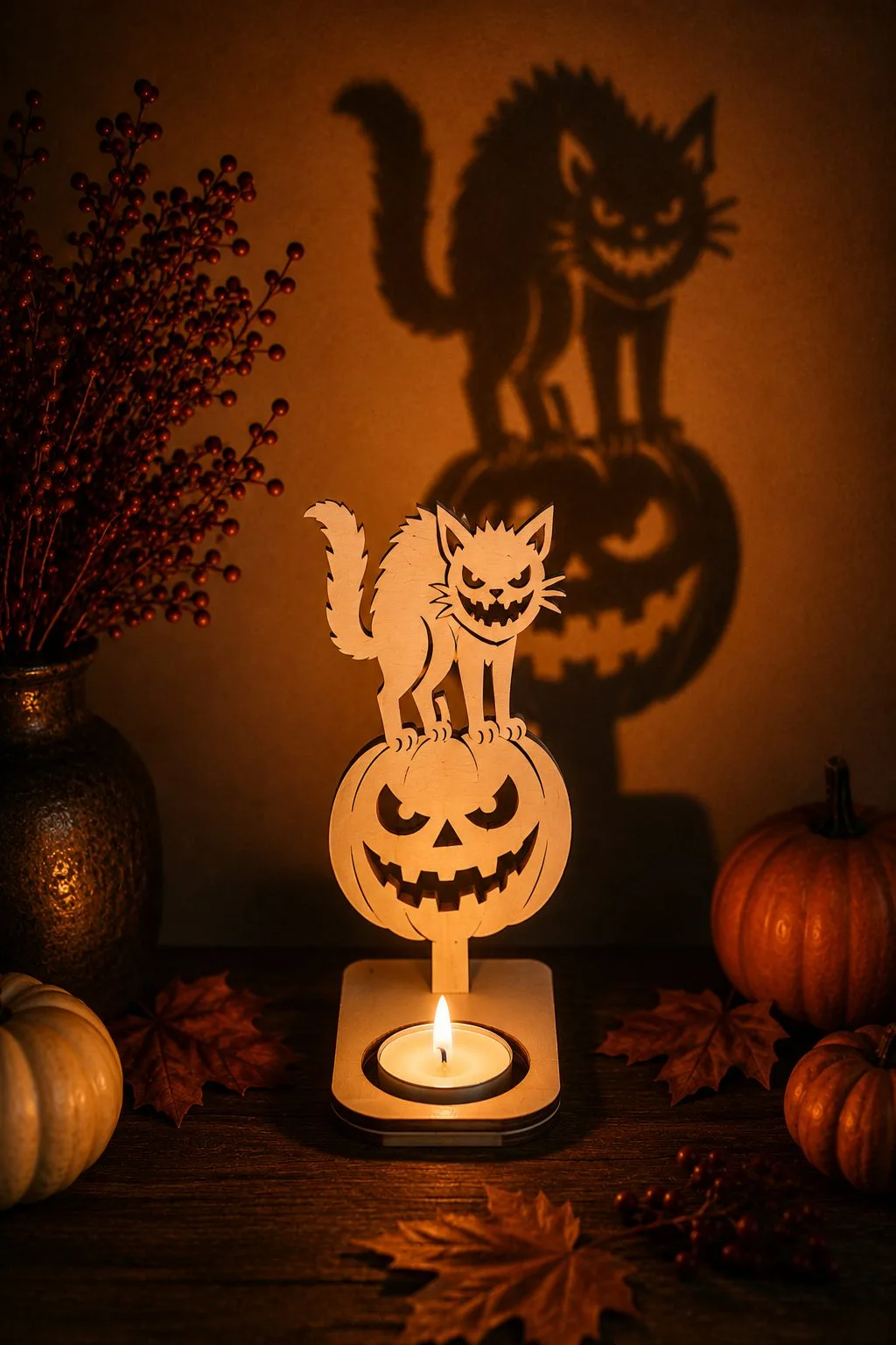 Scary Cat on Pumpkin Tealight — SVG laser cut file