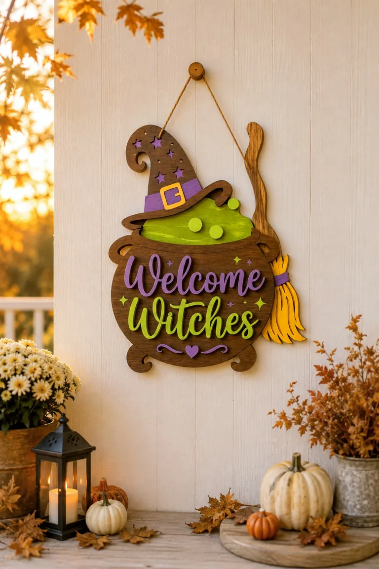 Welcome Witches Cauldron Door Hanger — Halloween SVG laser cut file