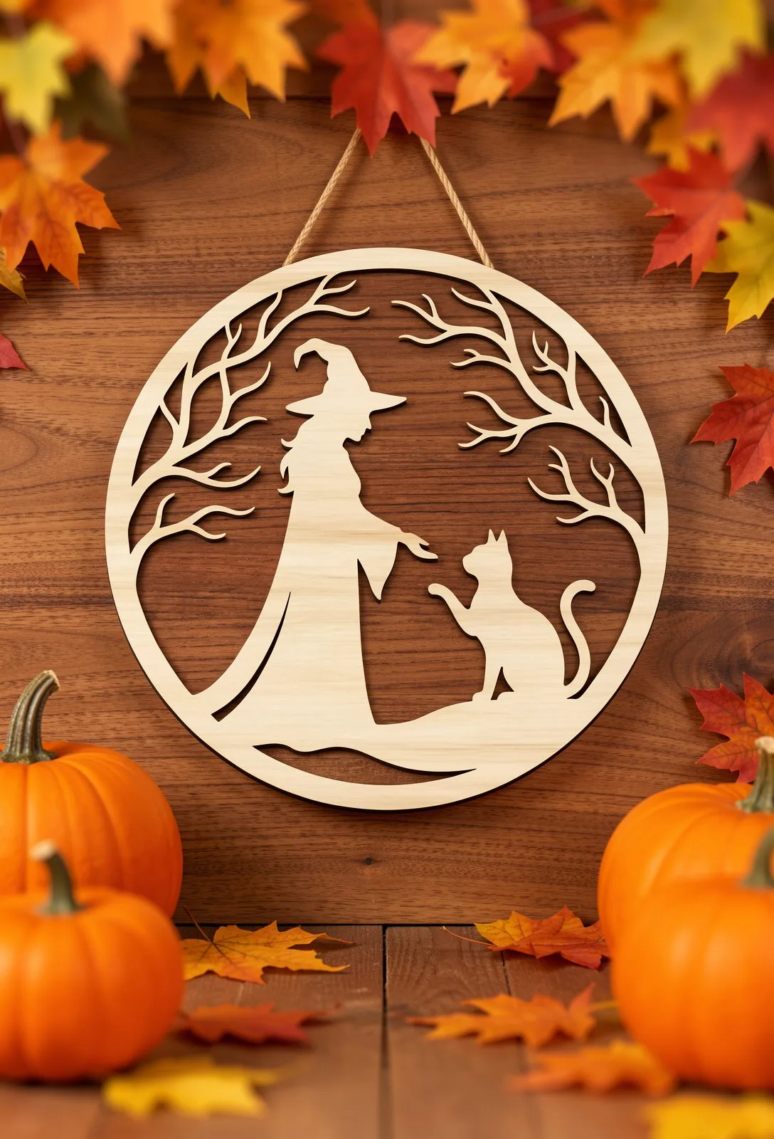 Witch and Cat Round Sign — SVG laser cut file