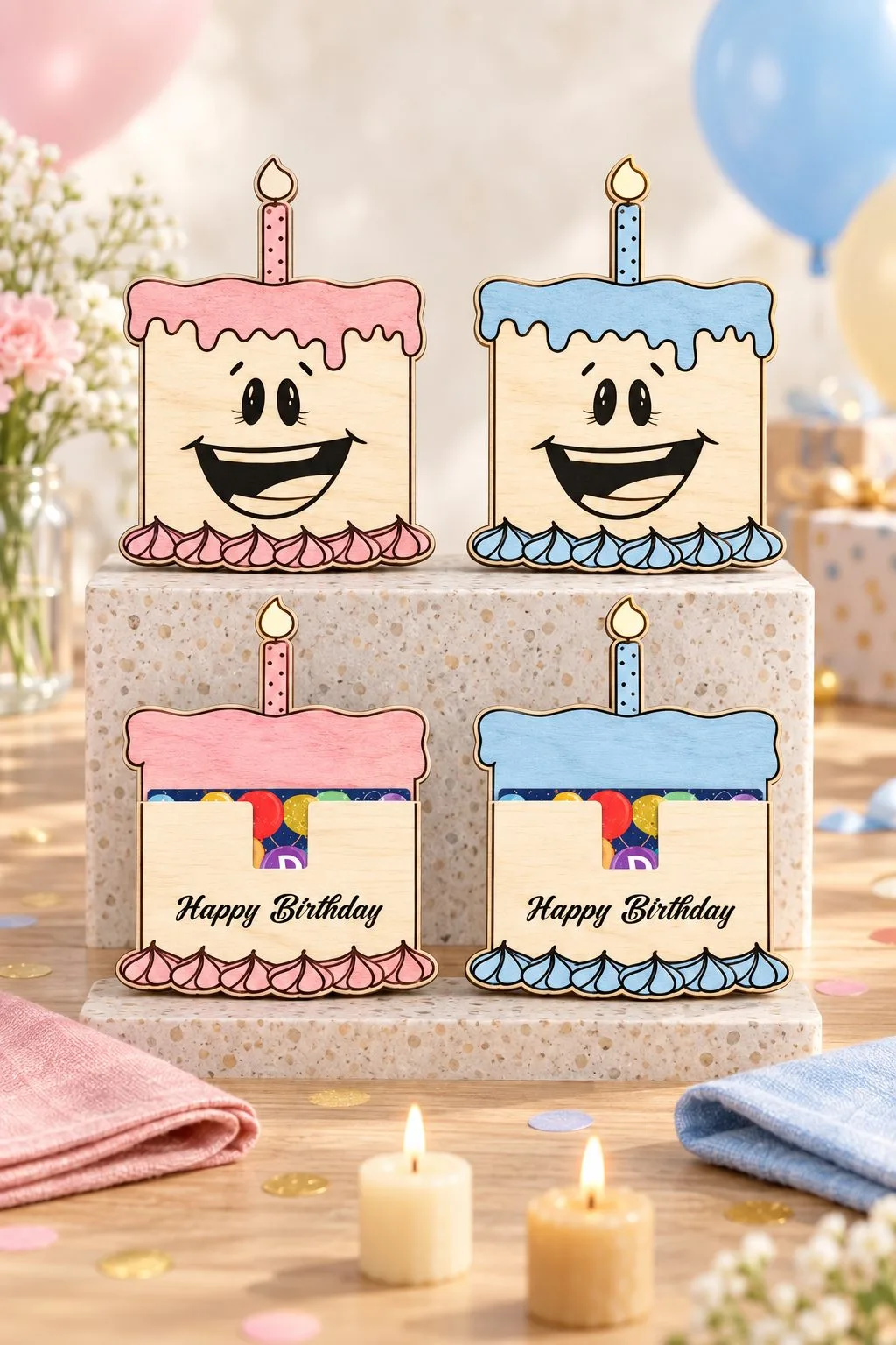 Birthday cake gift card holders in a pink and a blue version at a party table, free laser cut SVG from svgdiy.com