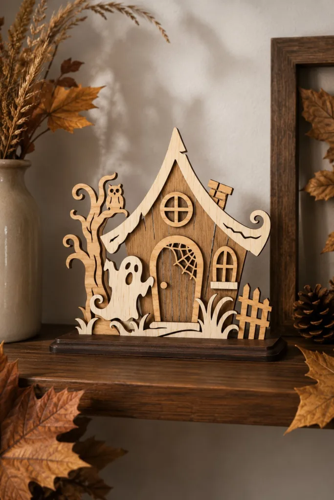 Wooden haunted house with a round window, an owl on a bare branch, a ghost and a low picket fence, Halloween village laser cut SVG from svgdiy.com