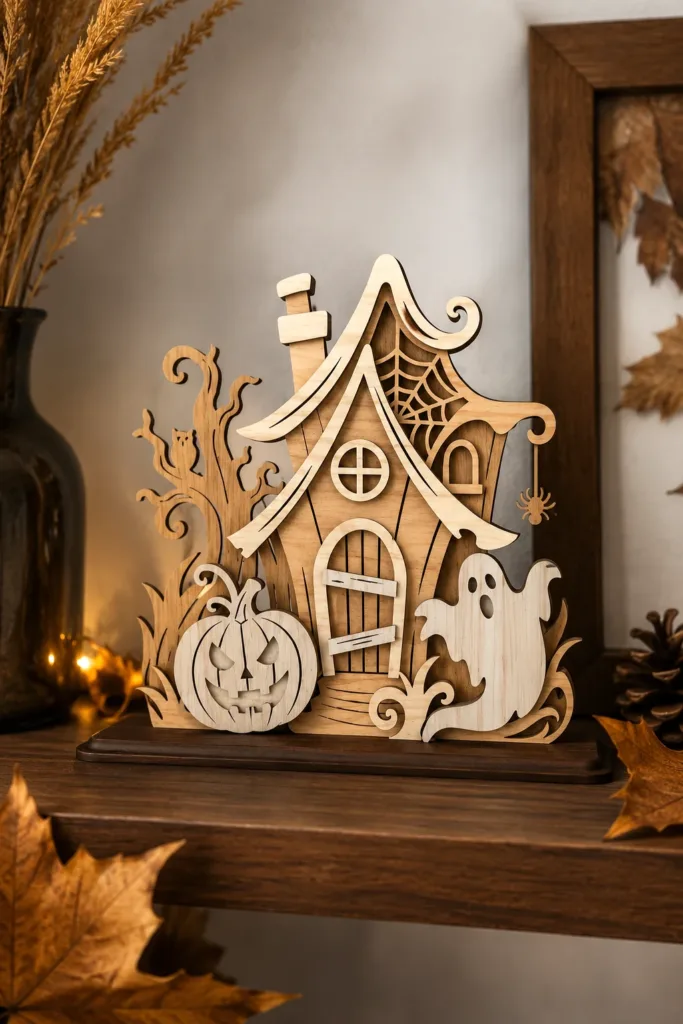 Unpainted wooden haunted house with a tall curled roof and chimney, a carved pumpkin and a ghost on a dark base, Halloween village laser cut SVG from svgdiy.com