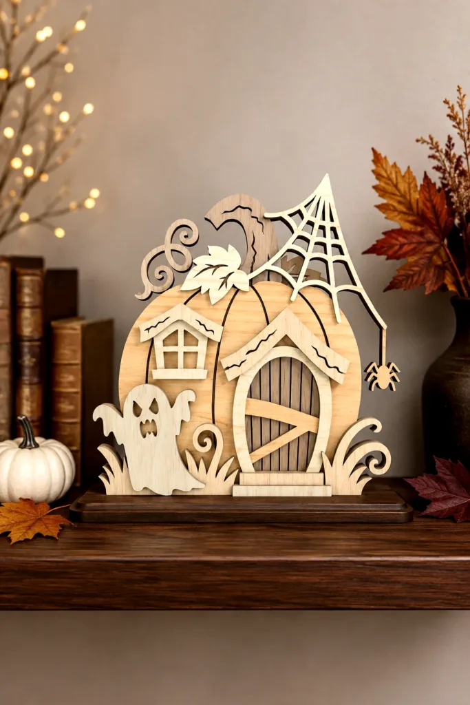 Wooden pumpkin house with an arched door, a large spider web and a ghost on a dark base, Halloween village laser cut SVG from svgdiy.com