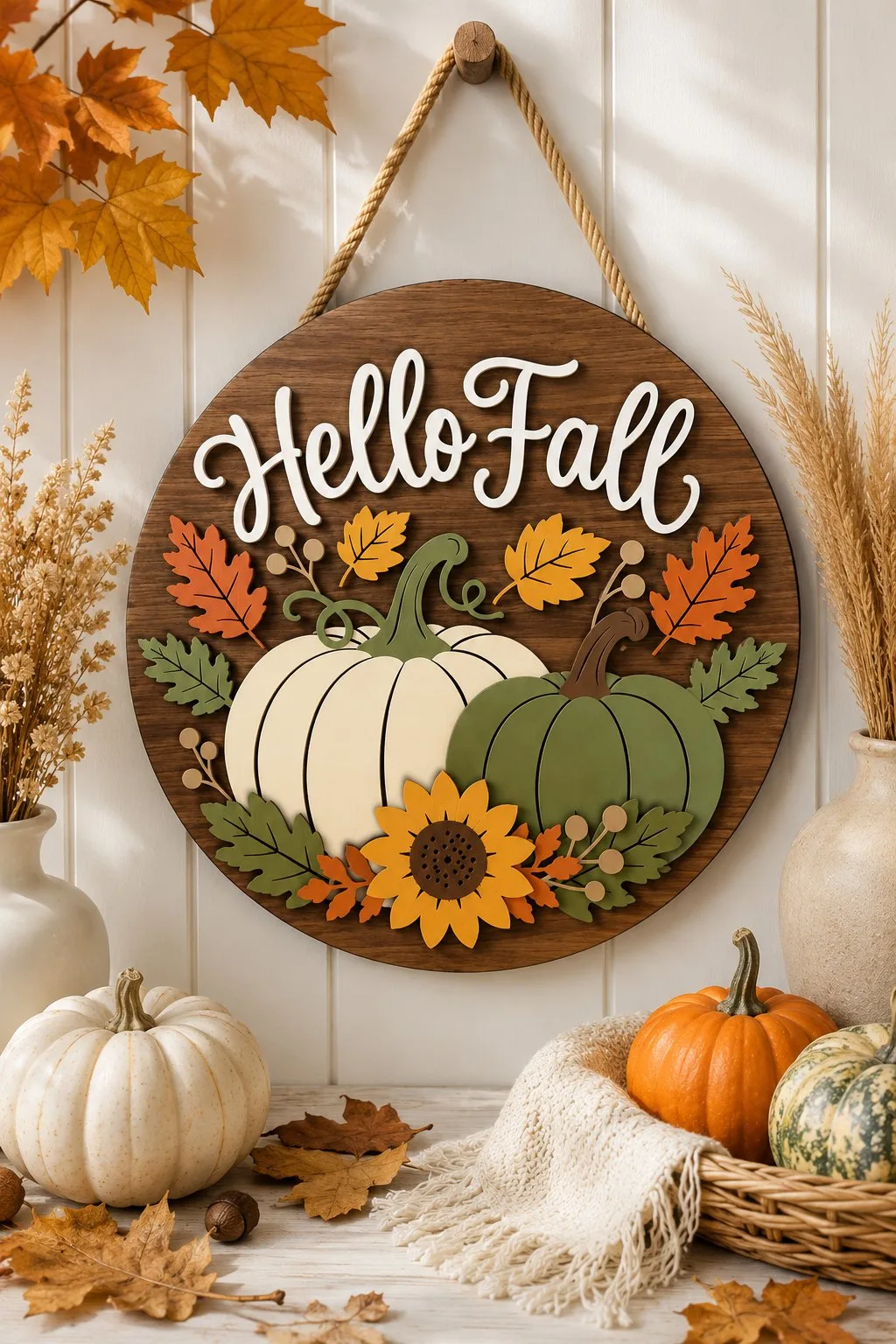 Hello Fall Door Hanger With Pumpkins — SVG laser cut file