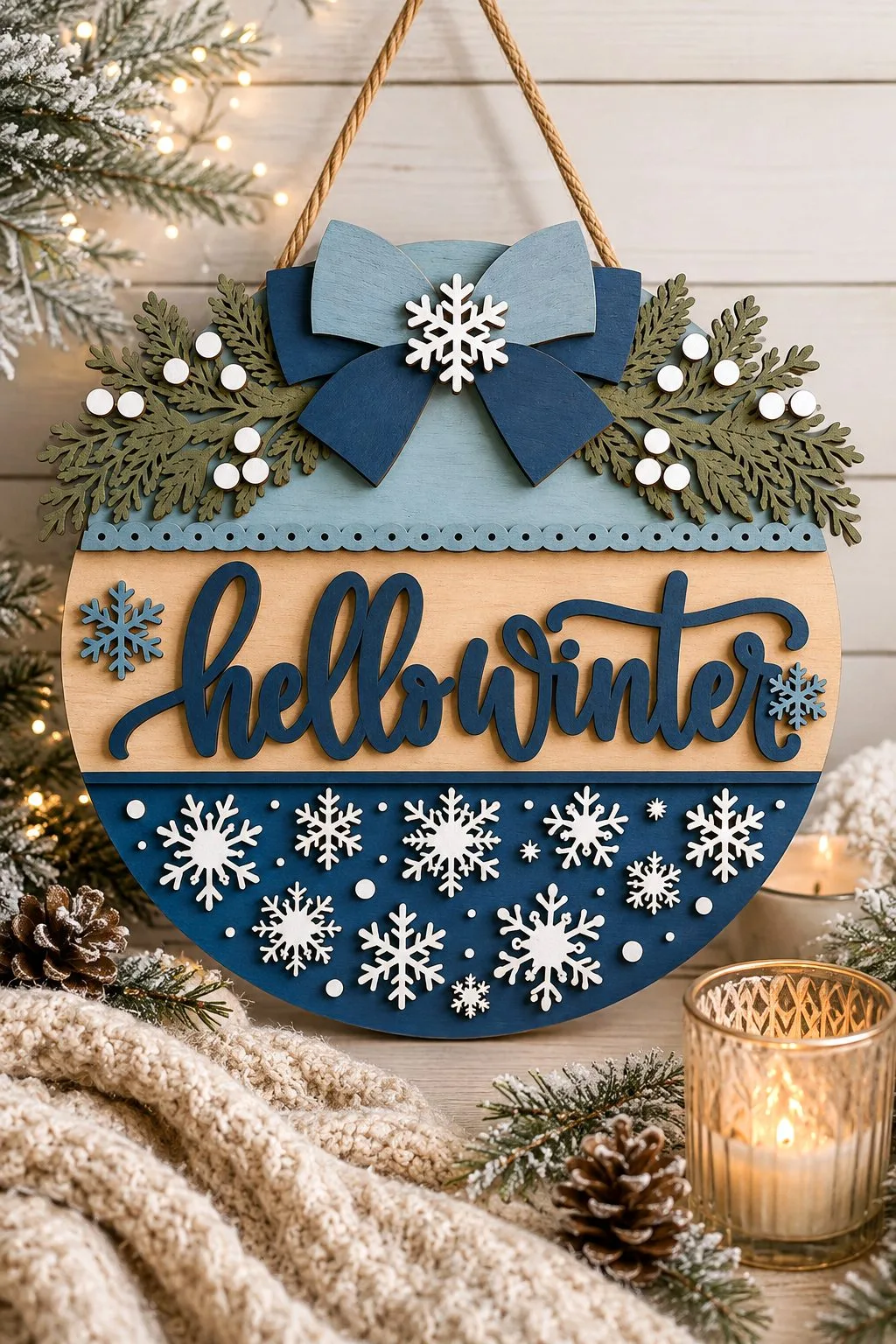 Hello Winter Round Door Sign — SVG laser cut file