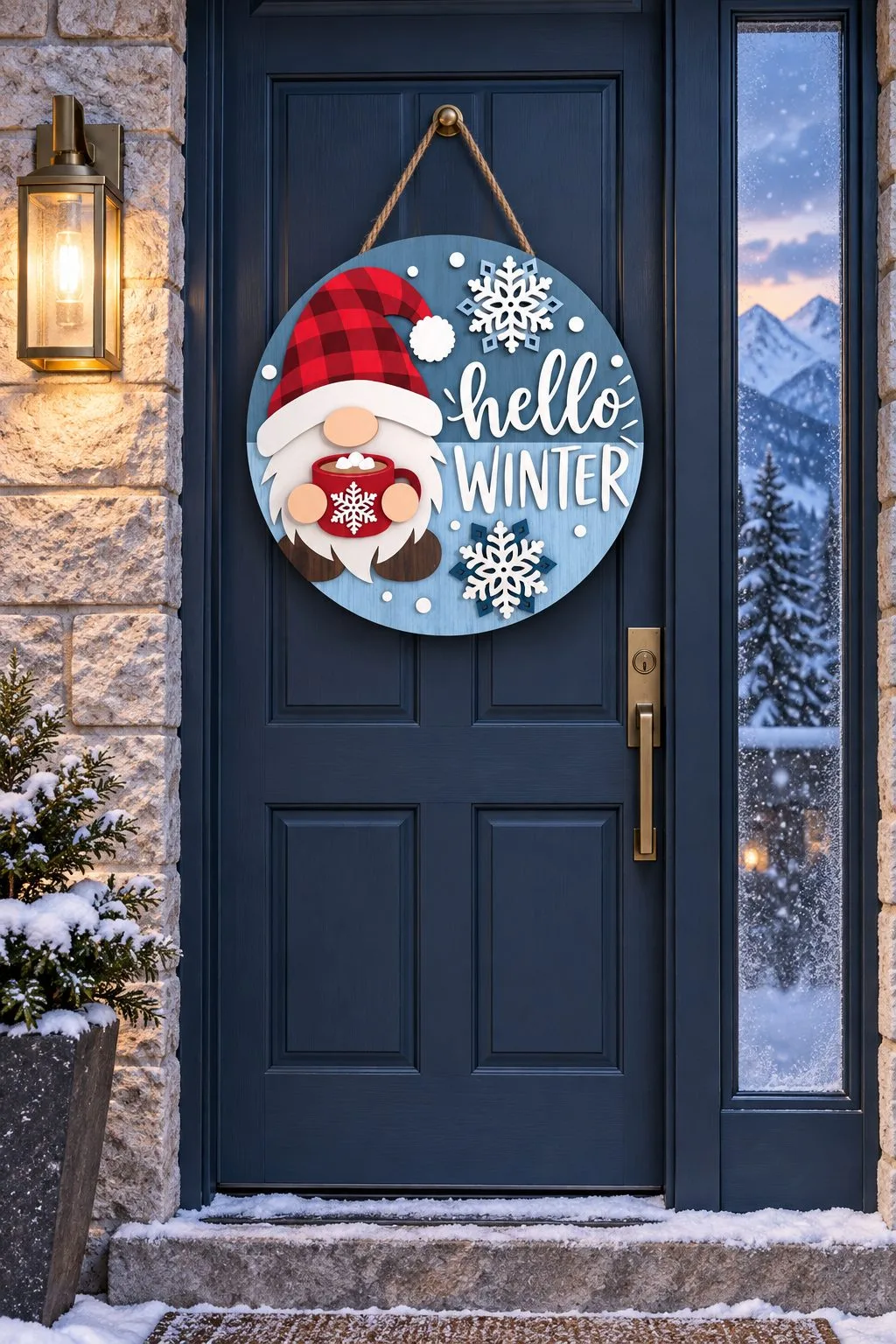 The Hello Winter gnome door hanger on a navy front door, free laser cut SVG from svgdiy.com