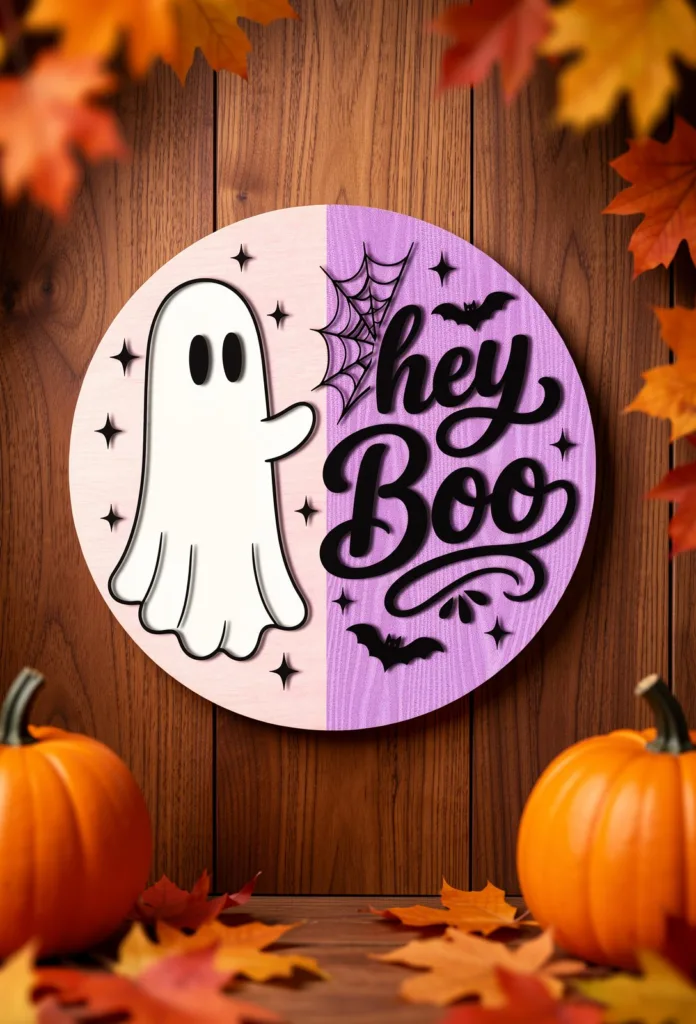 Round Hey Boo door sign with a waving ghost, spider web and bats, ghost laser cut SVG from svgdiy.com
