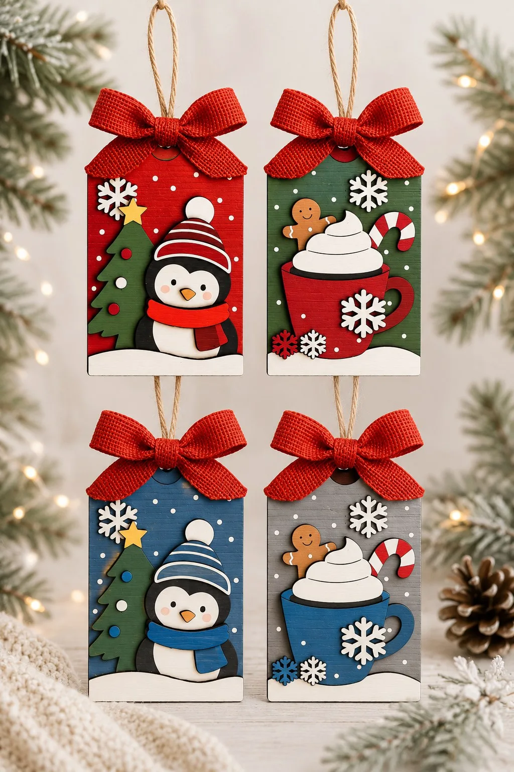 Christmas Tag Ornaments in Four Colours — SVG laser cut file