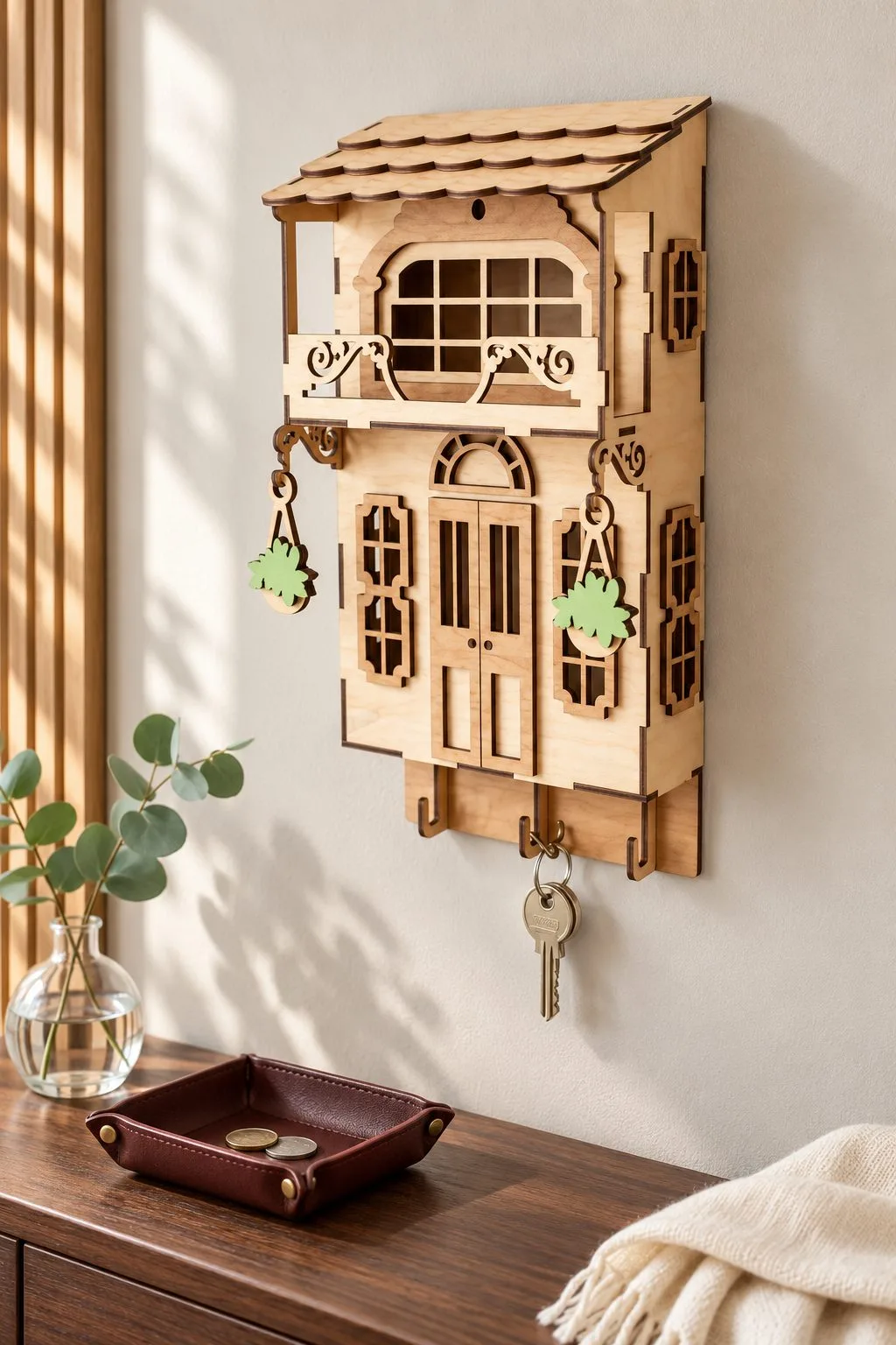 Wooden villa-shaped key holder with a tiled roof, balcony and two hanging planters, three hooks holding a key below