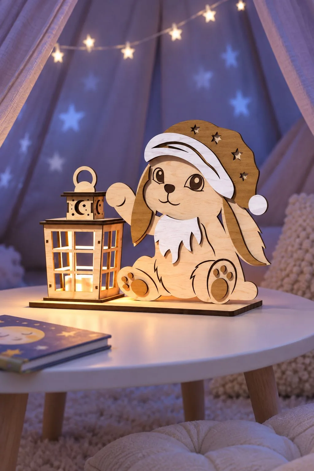 A wooden lamb waving beside a lit lantern on a base, free laser cut night light SVG from svgdiy.com