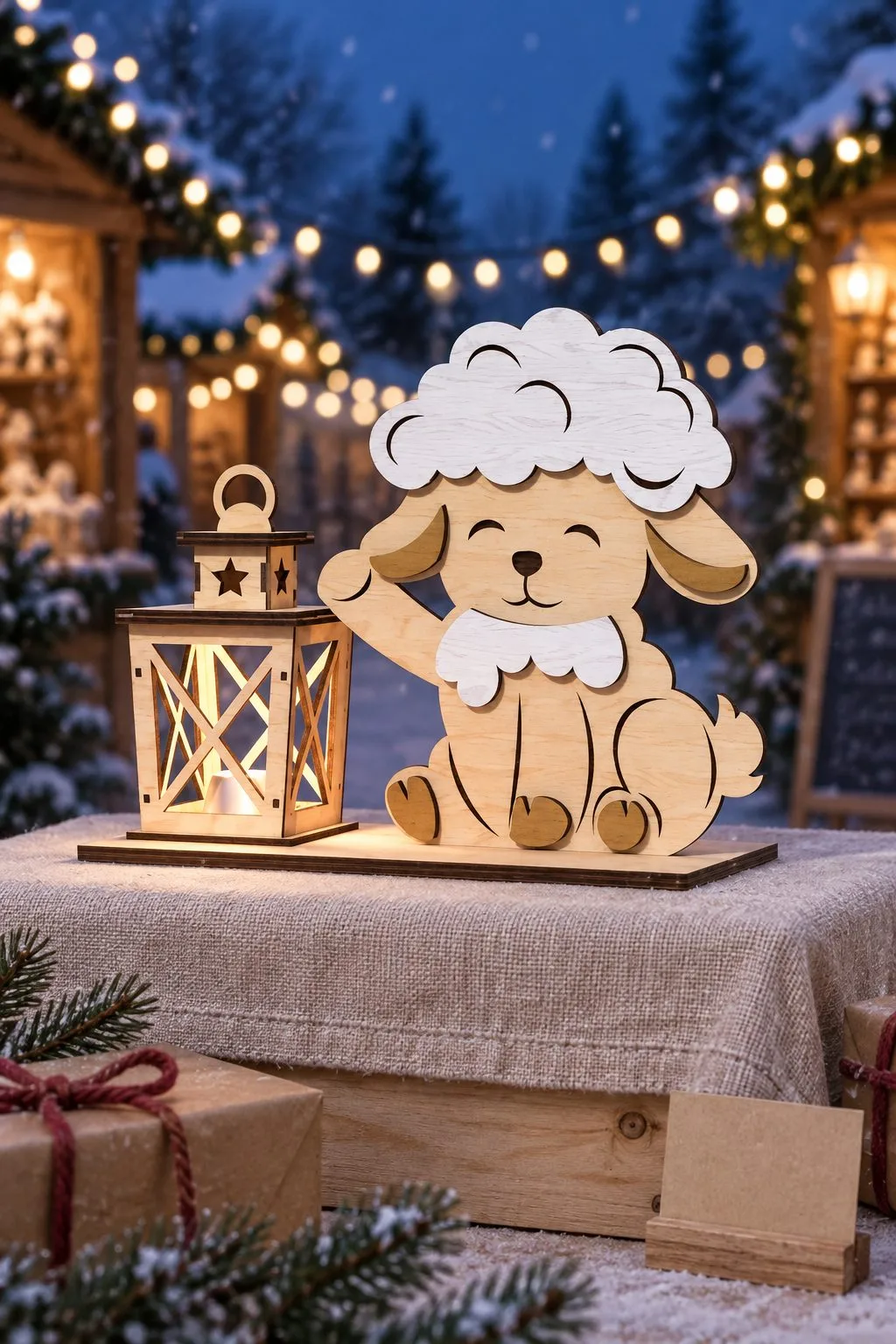 A wooden teddy bear in a nightcap beside a lit lantern on a base, free laser cut night light SVG from svgdiy.com