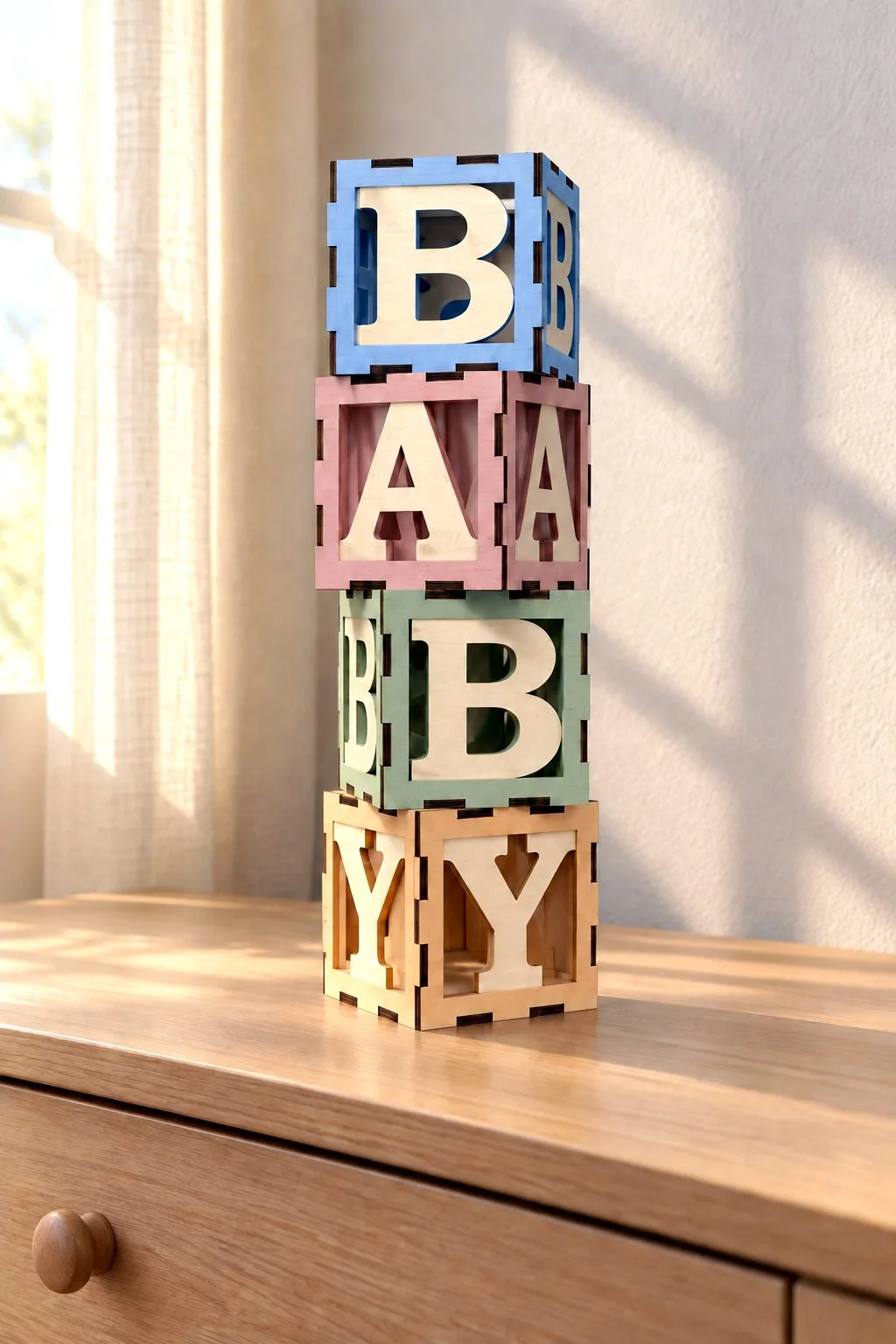 Four letter cubes stacked into the word BABY on a dresser, free laser cut SVG from svgdiy.com
