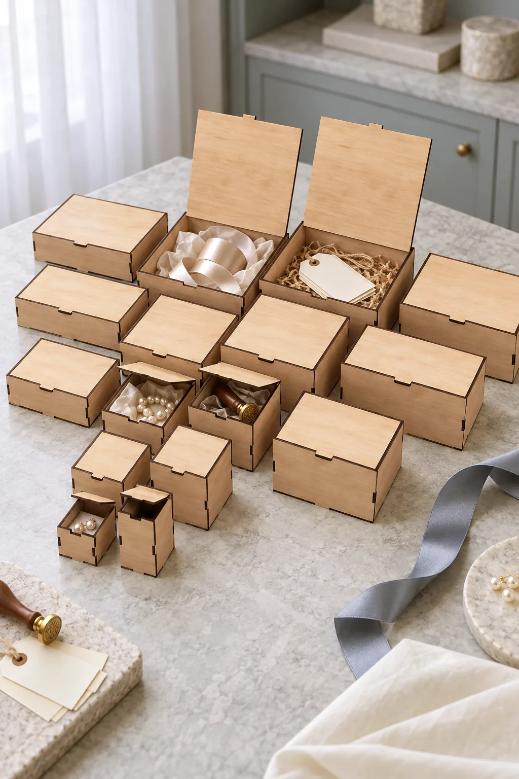 Plywood flip-lid boxes of different sizes, some open with ribbon, gift tags, pearls and a wax seal inside, free laser cut SVG from svgdiy.com