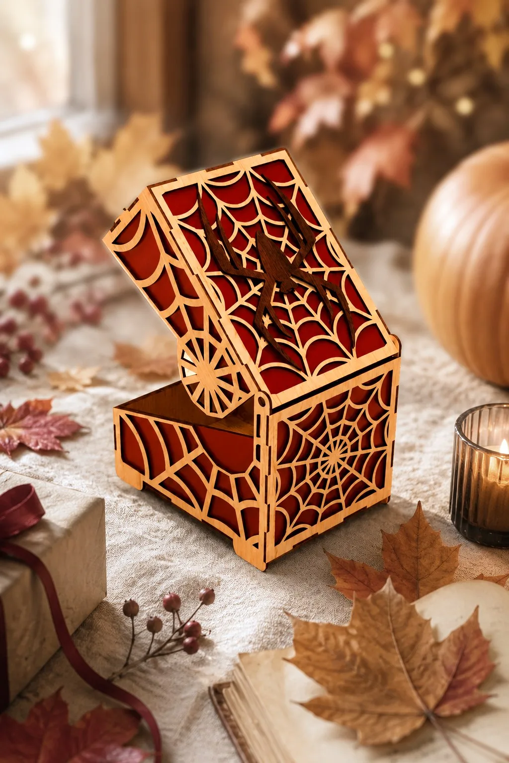 Spider Web Box With a Red Lining — SVG laser cut file