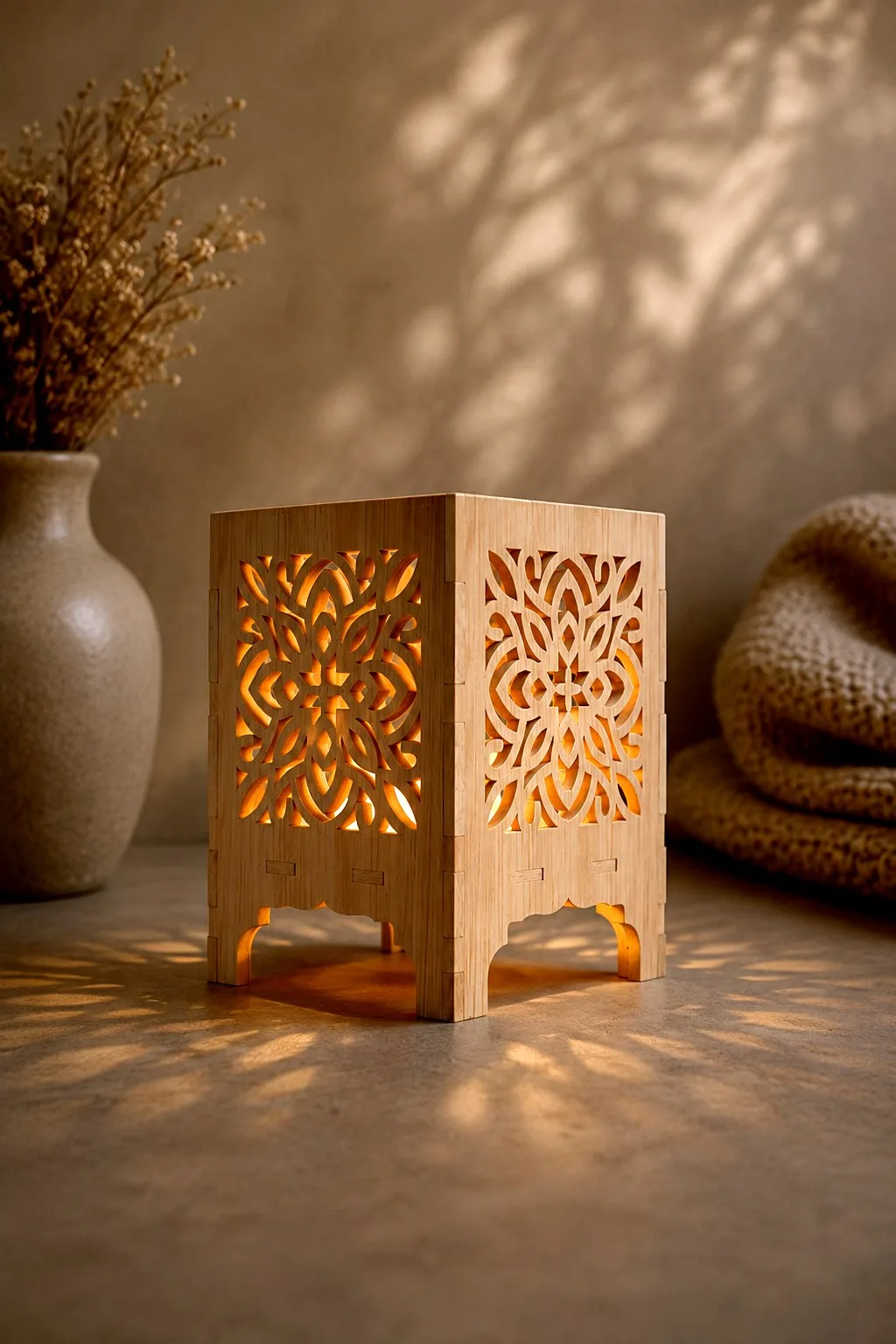 A square wooden fretwork lantern standing on short legs with candlelight escaping underneath, free laser cut candle holder SVG from svgdiy.com