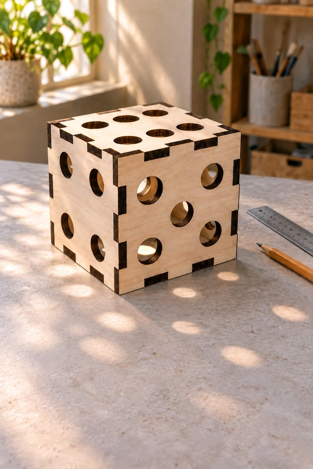 A large laser cut wooden die with round holes for pips on a workshop table, free laser cut SVG from svgdiy.com