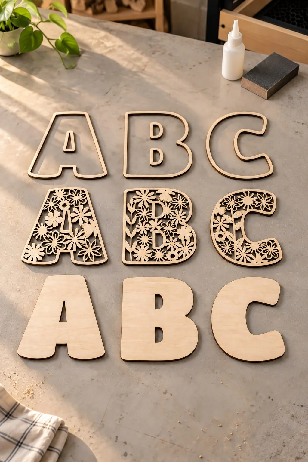 The three layers of the floral letters laid out: solid base, floral middle and outline frame, free laser cut SVG from svgdiy.com