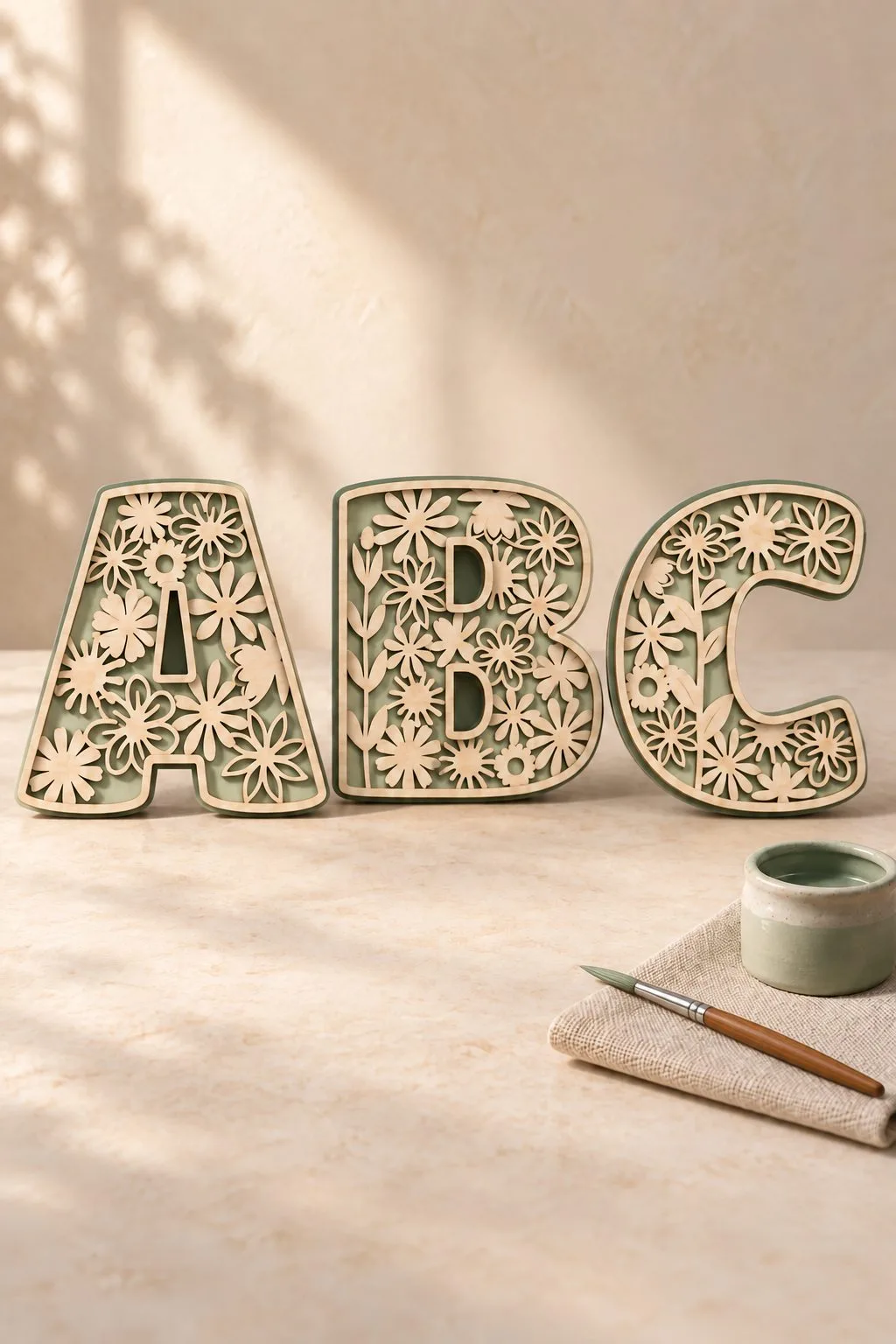 Floral letters A, B and C assembled on a painted backing, free laser cut SVG from svgdiy.com