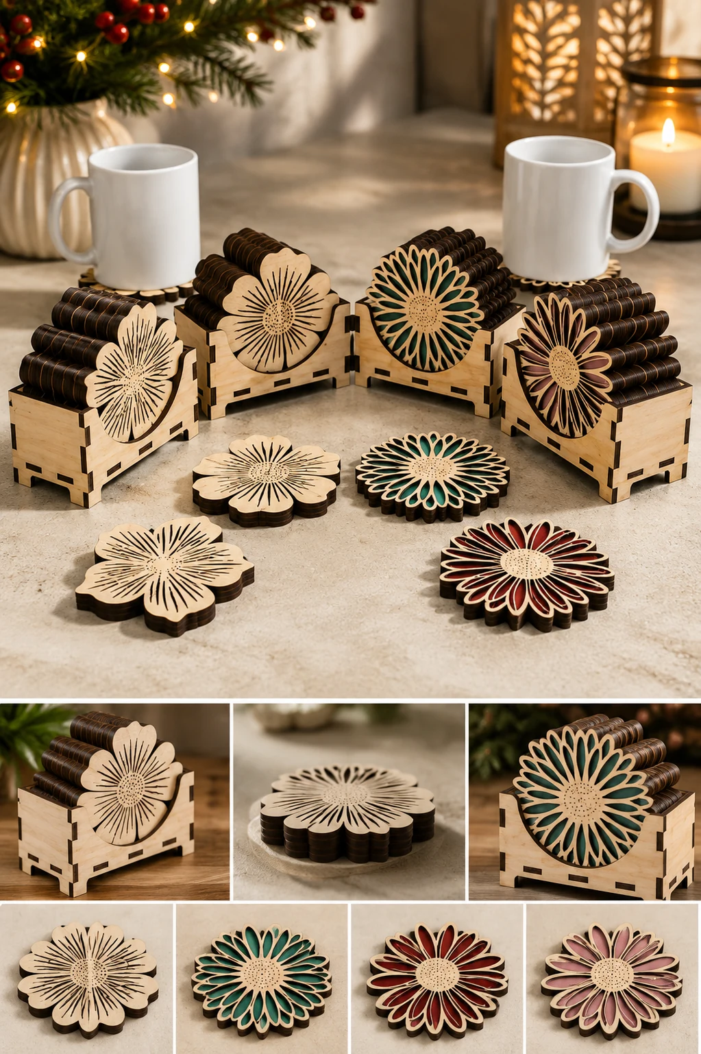 Flower Coasters With a Box That Holds Six — another view, SVG laser cut file