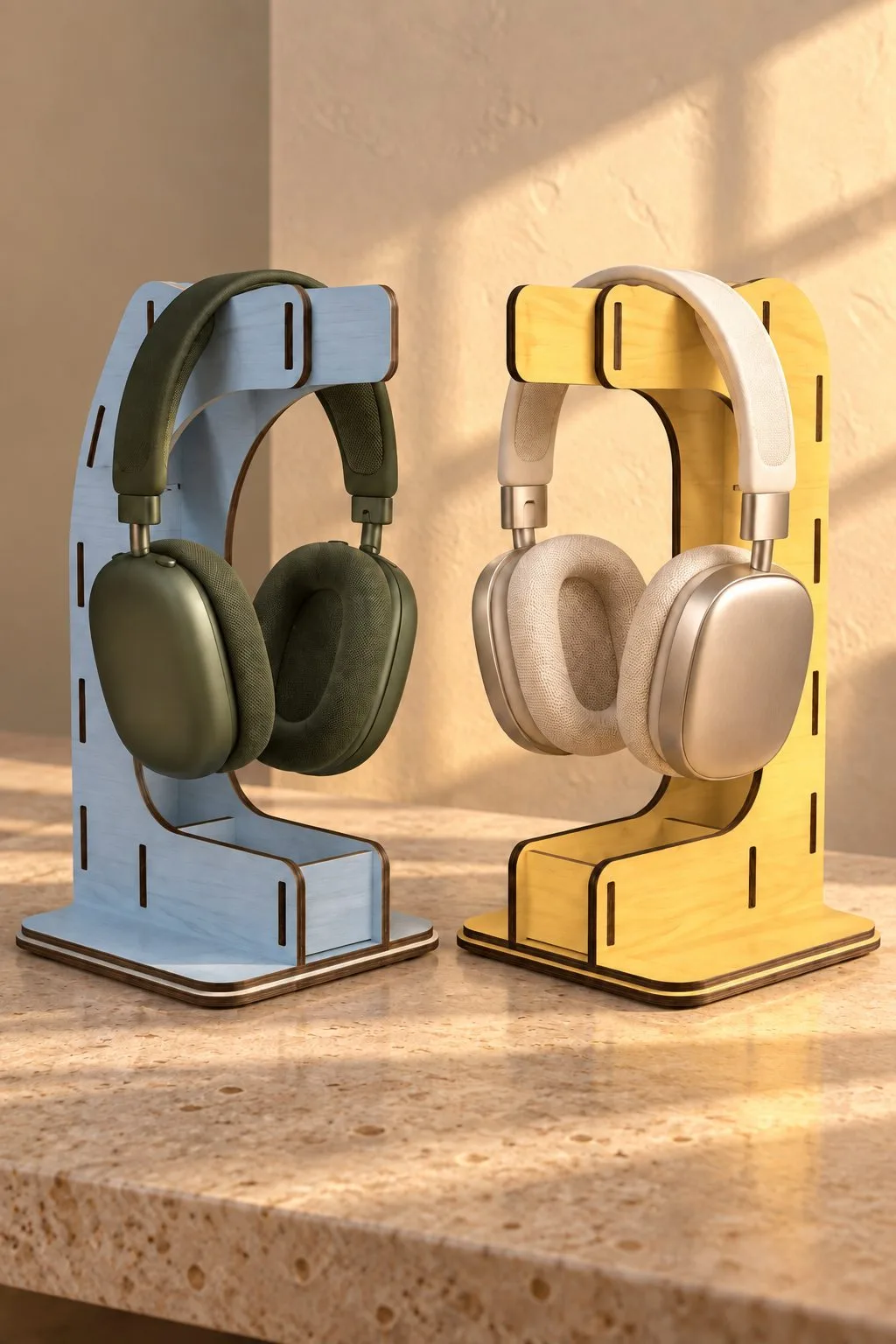 Two finished headphone stands with green and white headphones, free laser cut SVG from svgdiy.com