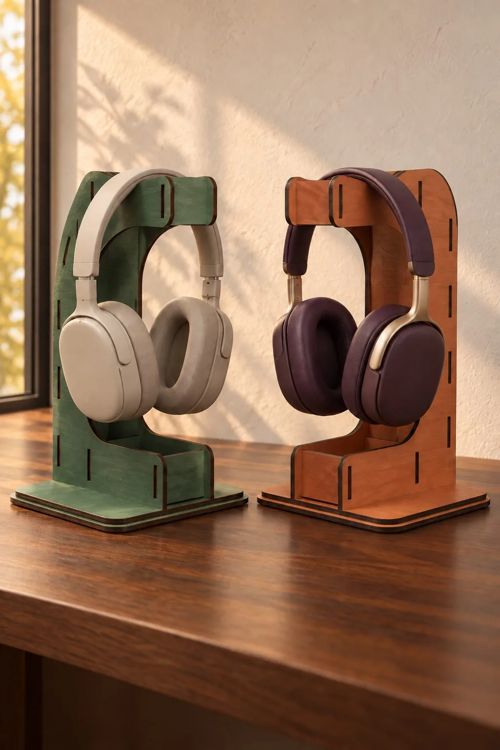 Two headphone stands in dark finishes on a desk, free laser cut SVG from svgdiy.com