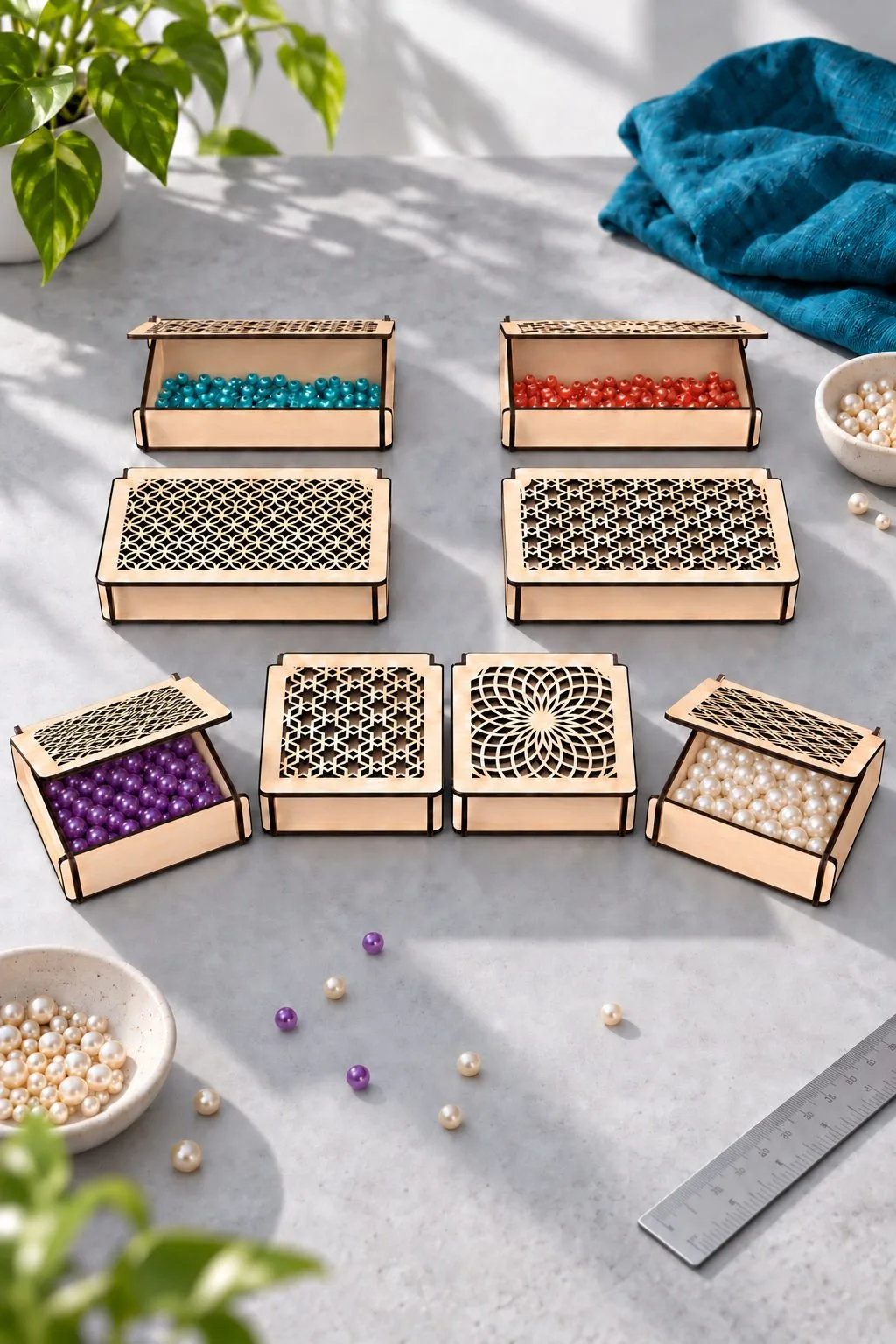 The pierced-lid boxes in two sizes open on a work table with beads inside, free laser cut SVG from svgdiy.com