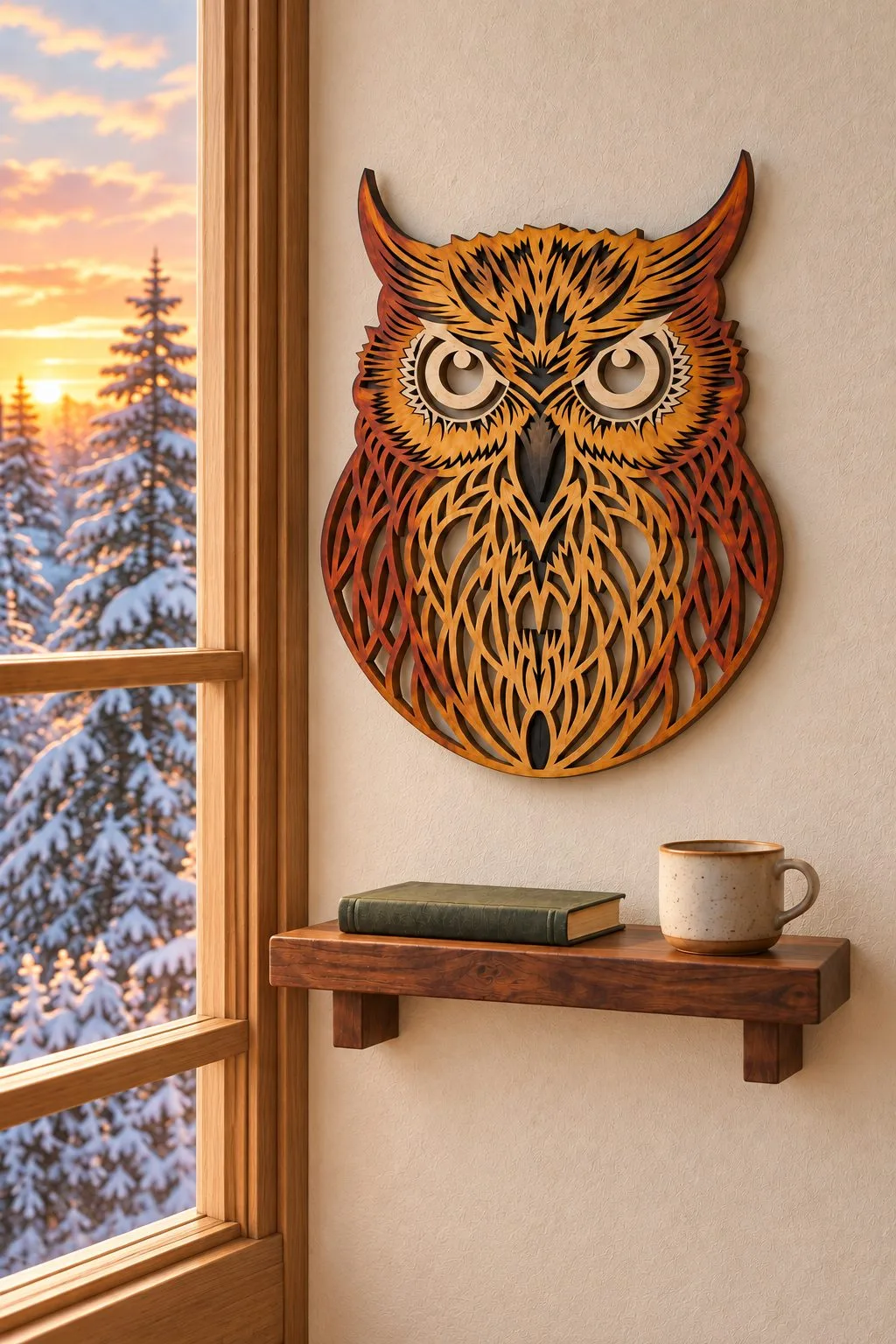 The laser cut owl finished and hung above a small shelf, free laser cut SVG from svgdiy.com