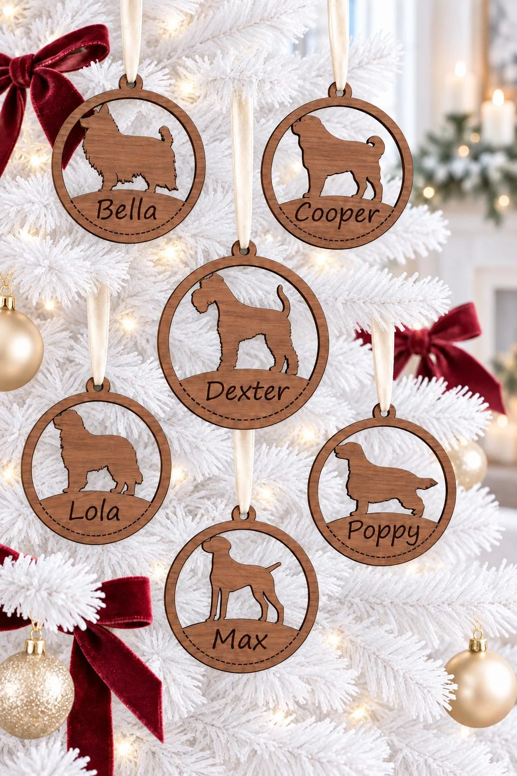 Six round wooden dog breed ornaments with names on a white Christmas tree, free personalized laser cut SVG from svgdiy.com