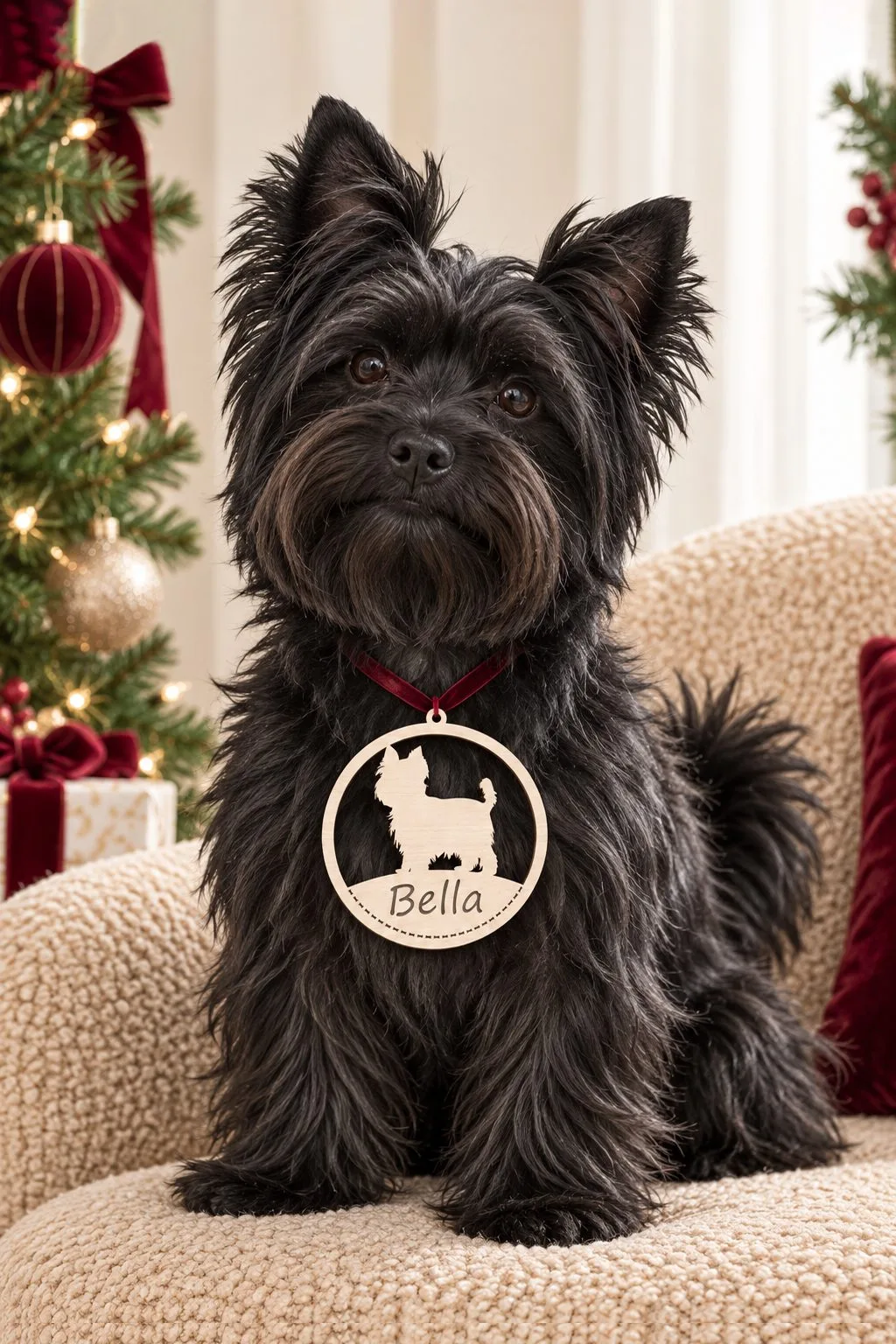 A round wooden ornament with a terrier silhouette and the name Bella, worn on a dog's collar, free personalized laser cut SVG from svgdiy.com