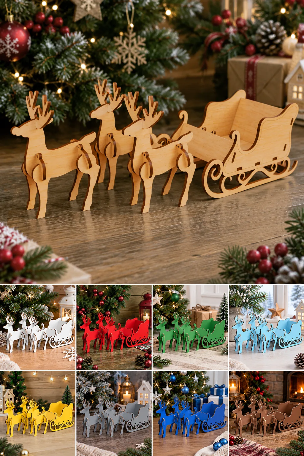 Three wooden reindeer pulling a slotted sleigh under a Christmas tree, with the same set shown in eight colours below, free laser cut SVG from svgdiy.com