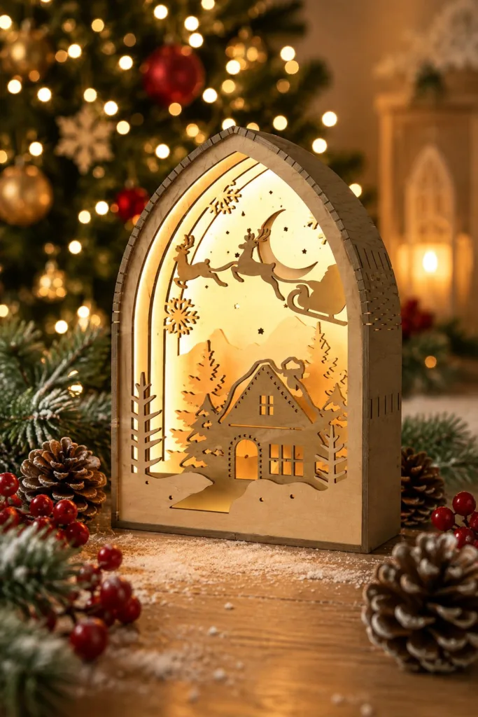Wooden arched Christmas lantern with a winter cabin, fir trees and a sleigh with reindeer crossing the moon, lit from inside, free laser cut SVG from svgdiy.com