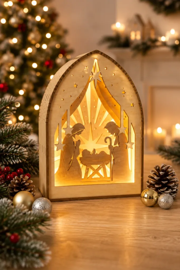 Wooden arched Christmas lantern with a layered nativity scene and a star with cut-through rays, lit from inside, free laser cut SVG from svgdiy.com