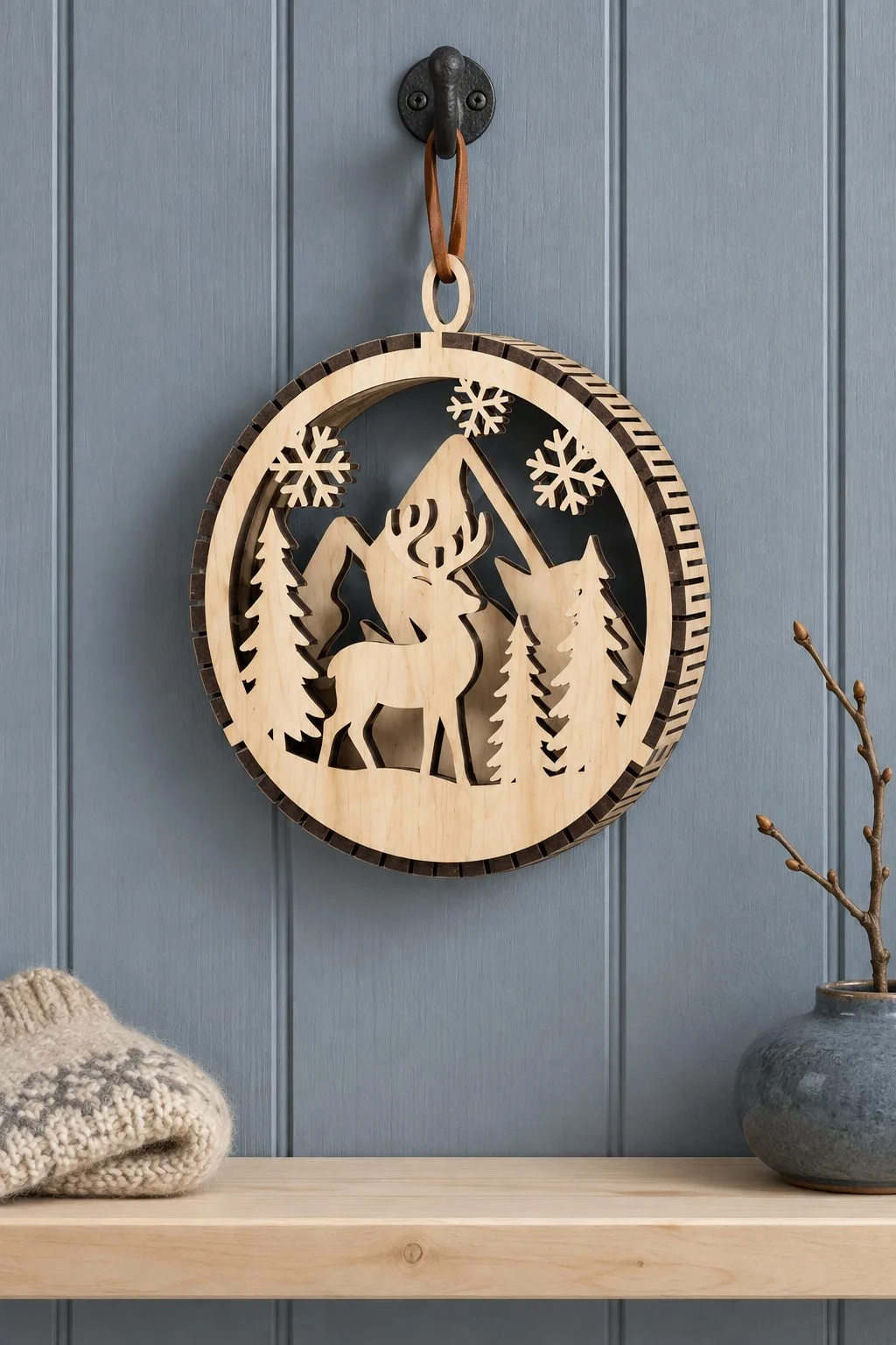 A round layered ornament with a deer in front of mountains and fir trees, hanging on a blue wall, free laser cut SVG from svgdiy.com